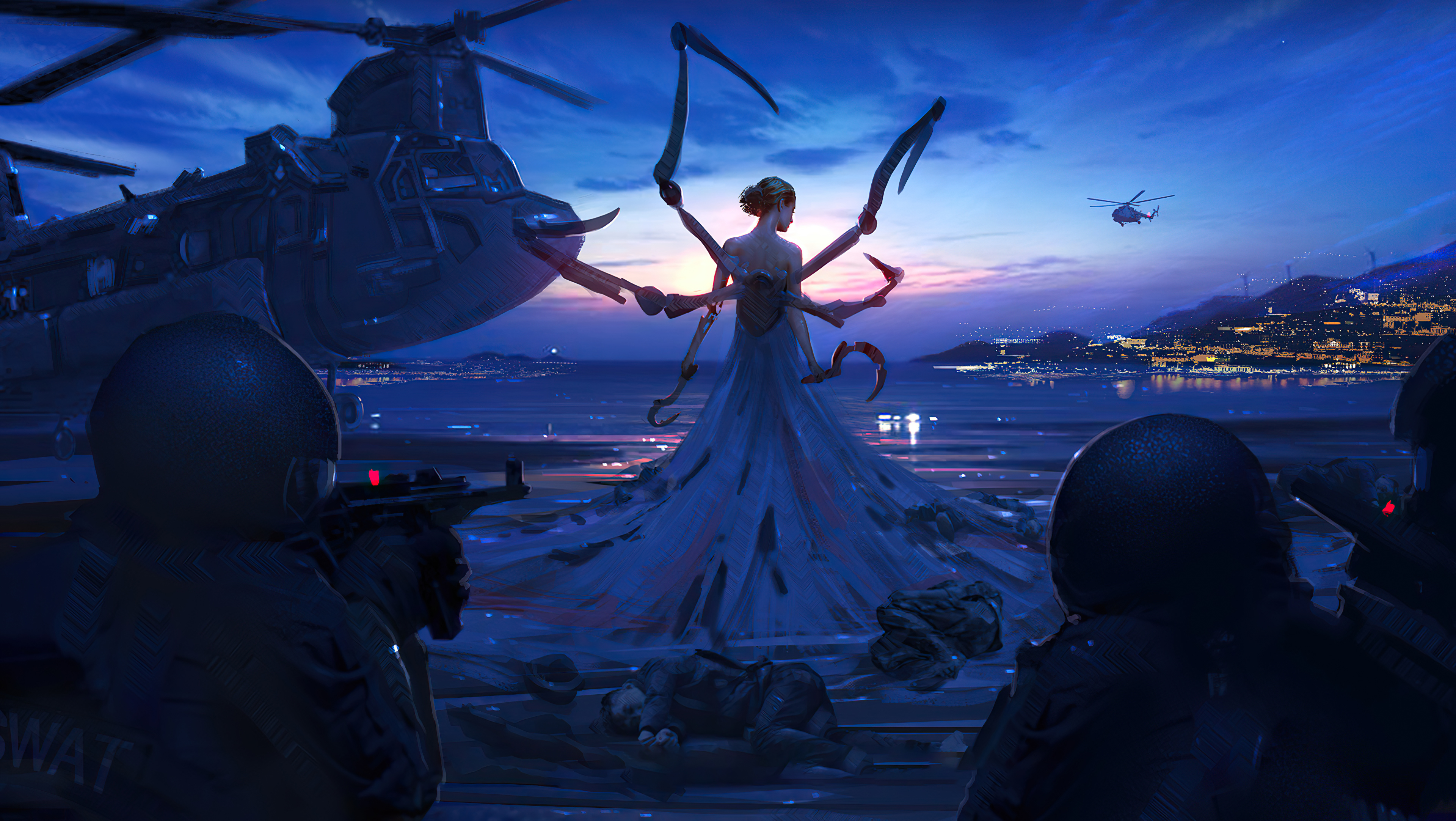 Sci Fi Woman Warrior with Helicopter and Cityscape HD Wallpaper
