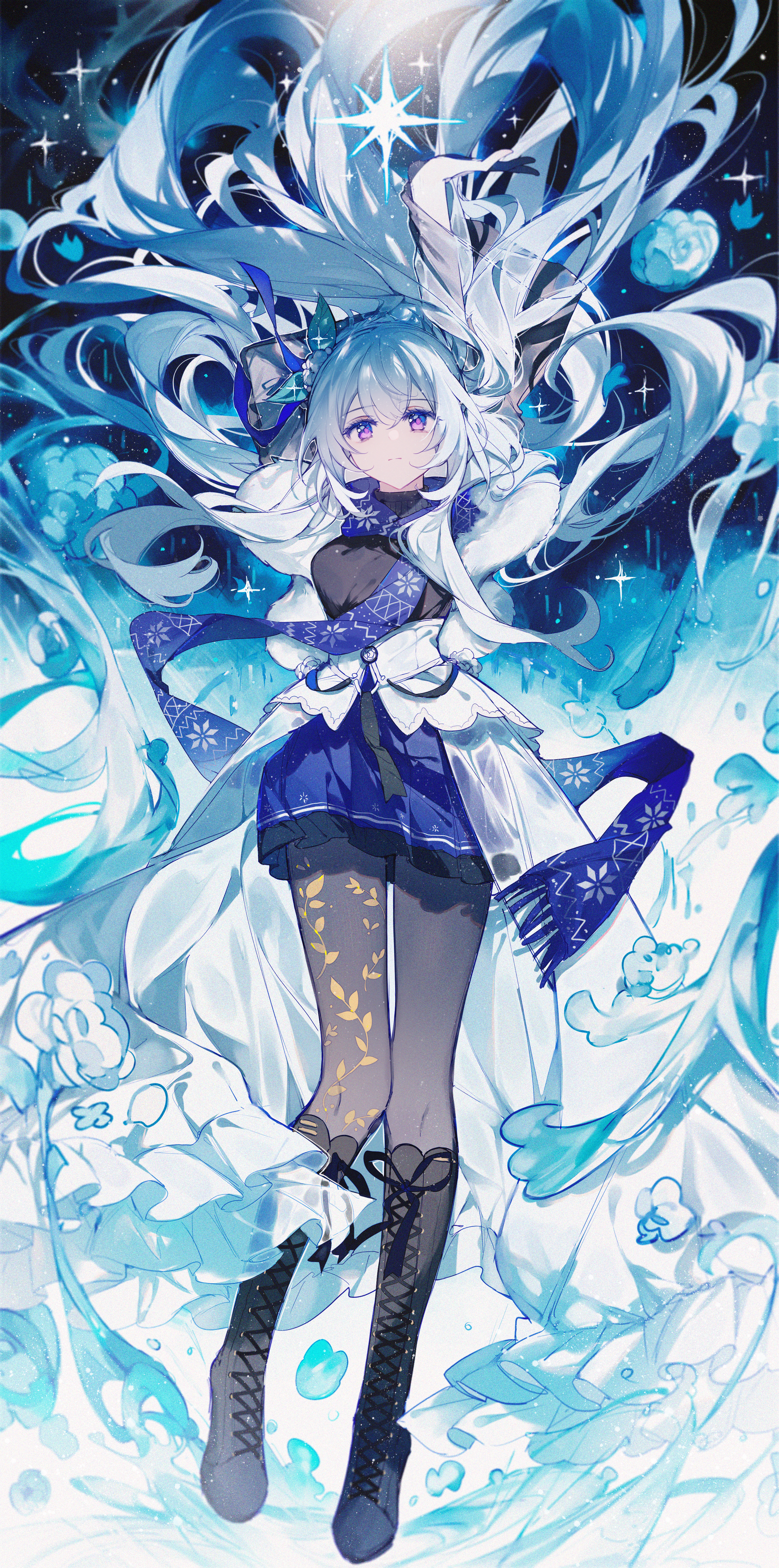 Girl with white hair and blue outfit surrounded by water and stars HD Phone Wallpaper