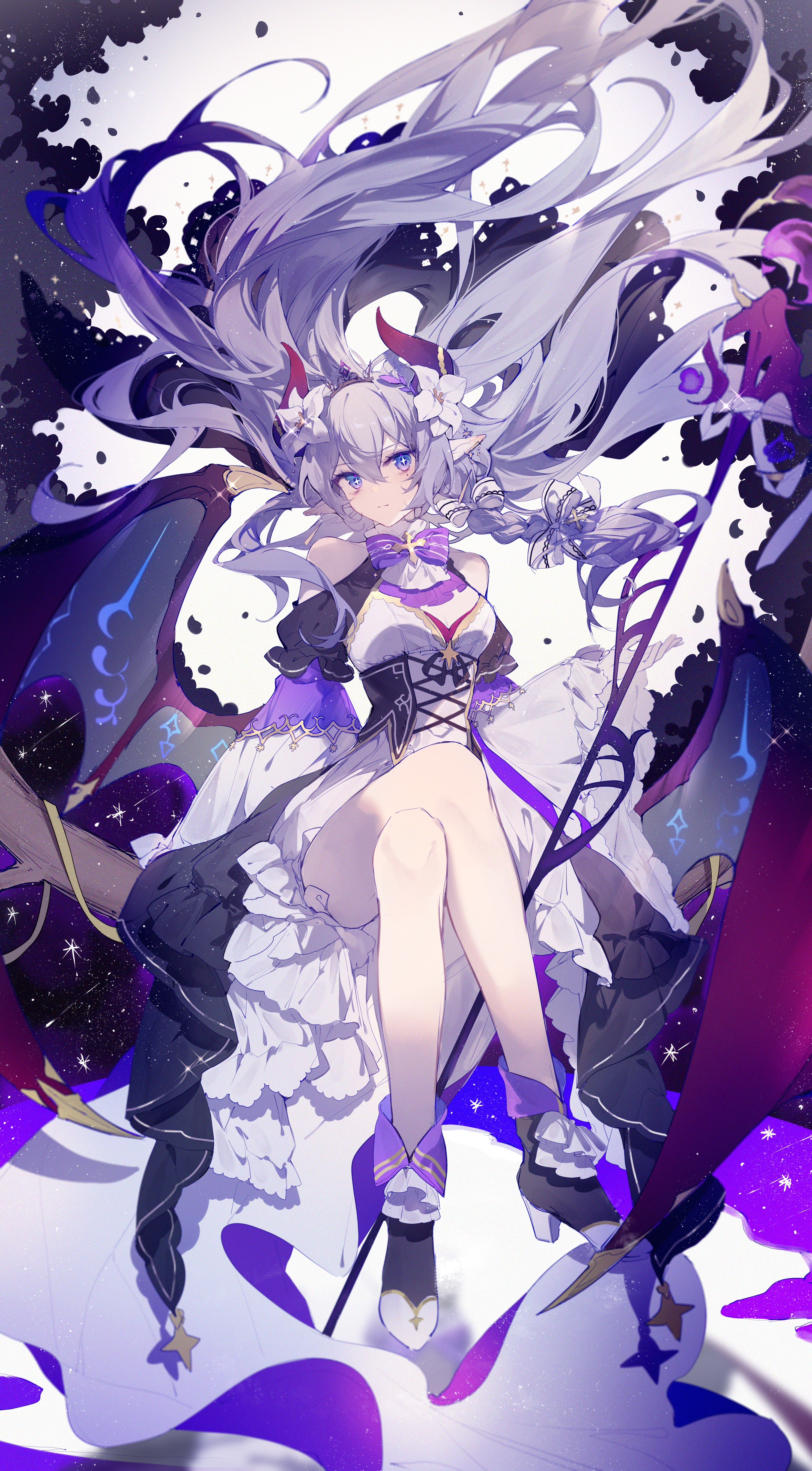 Anime girl with horns, wings, and a white dress HD Phone Wallpaper
