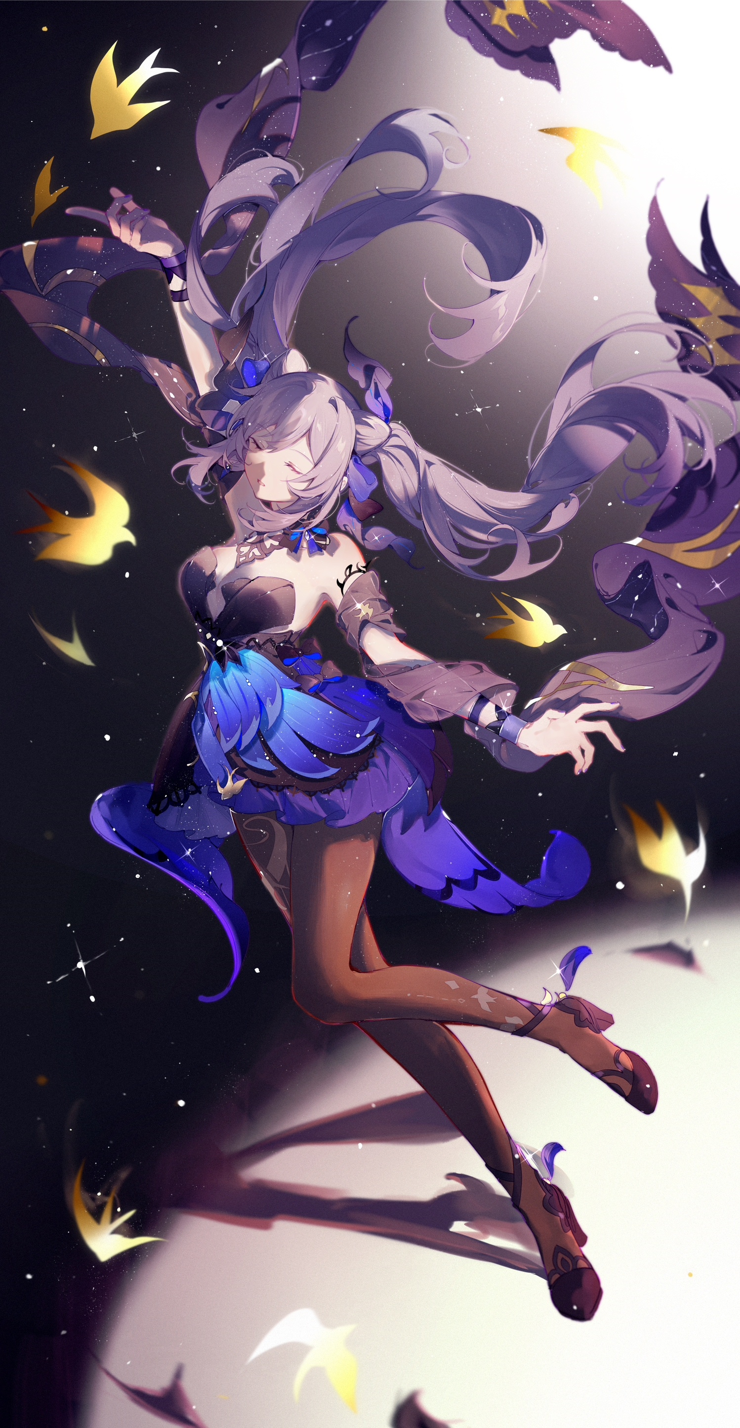 Keqing from Genshin Impact dancing among stars and petals HD Phone Wallpaper