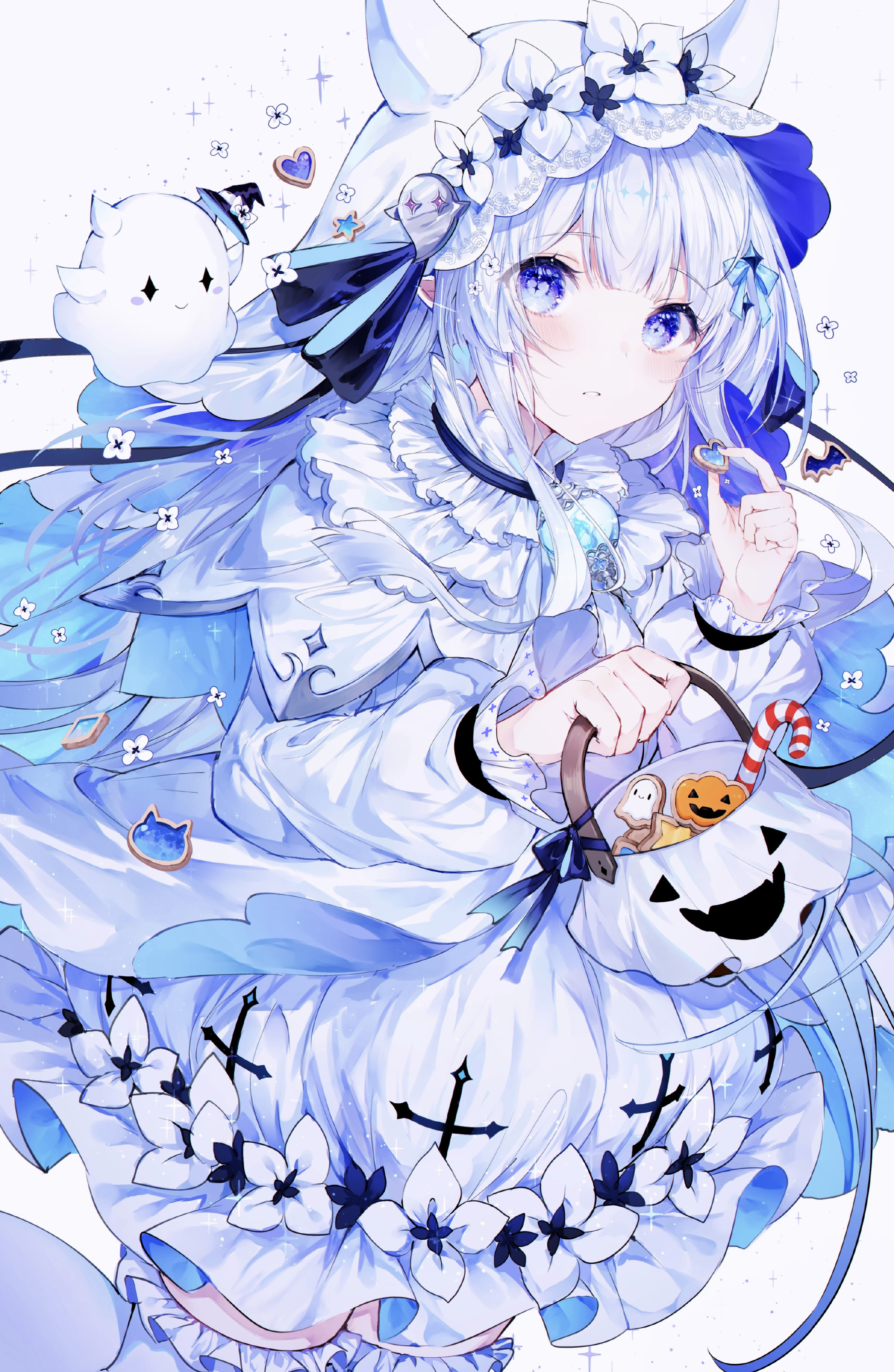 Girl in Halloween costume with ghost and candy HD Phone Wallpaper