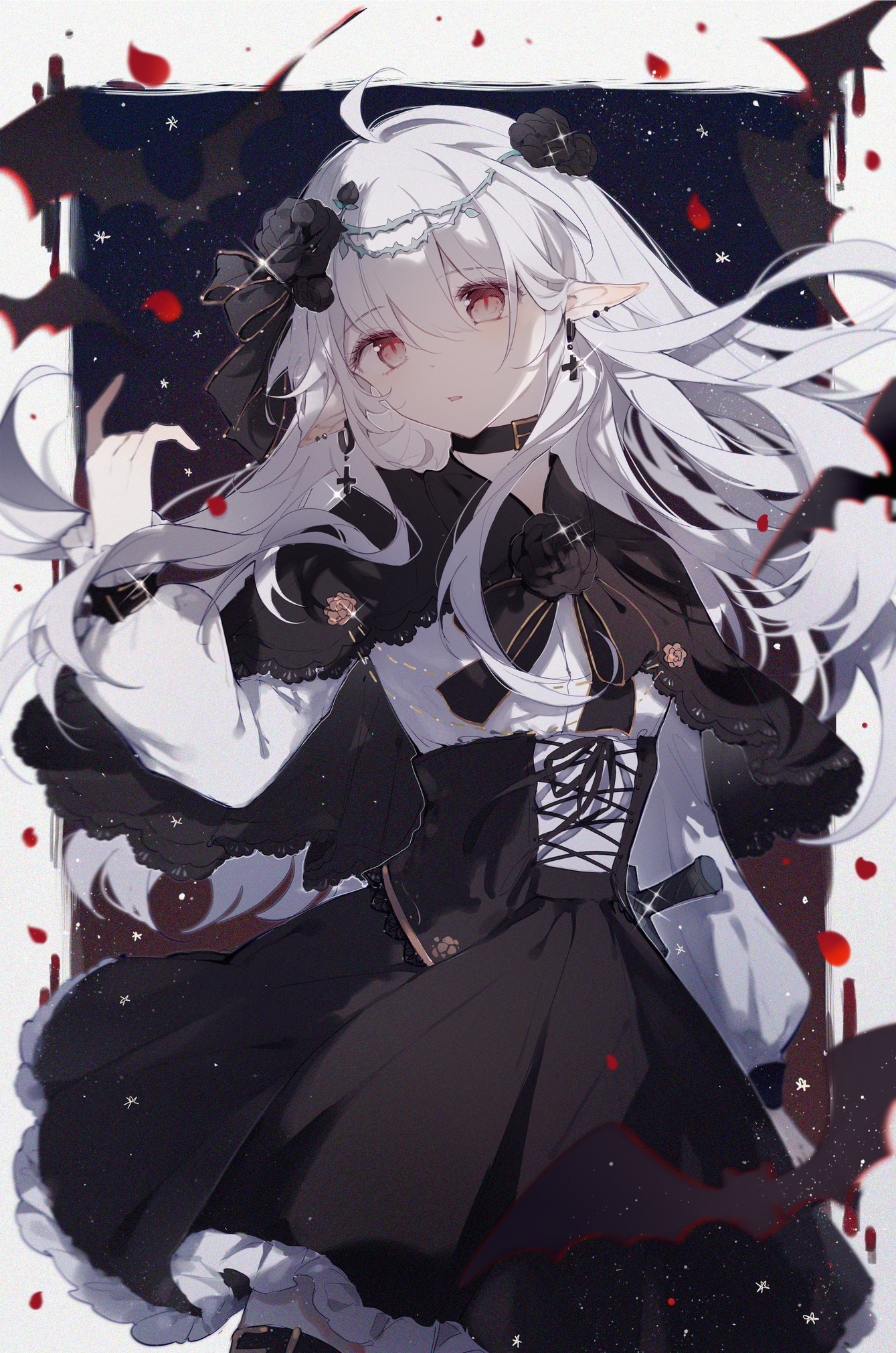 Gothic anime girl with white hair and bats HD Phone Wallpaper