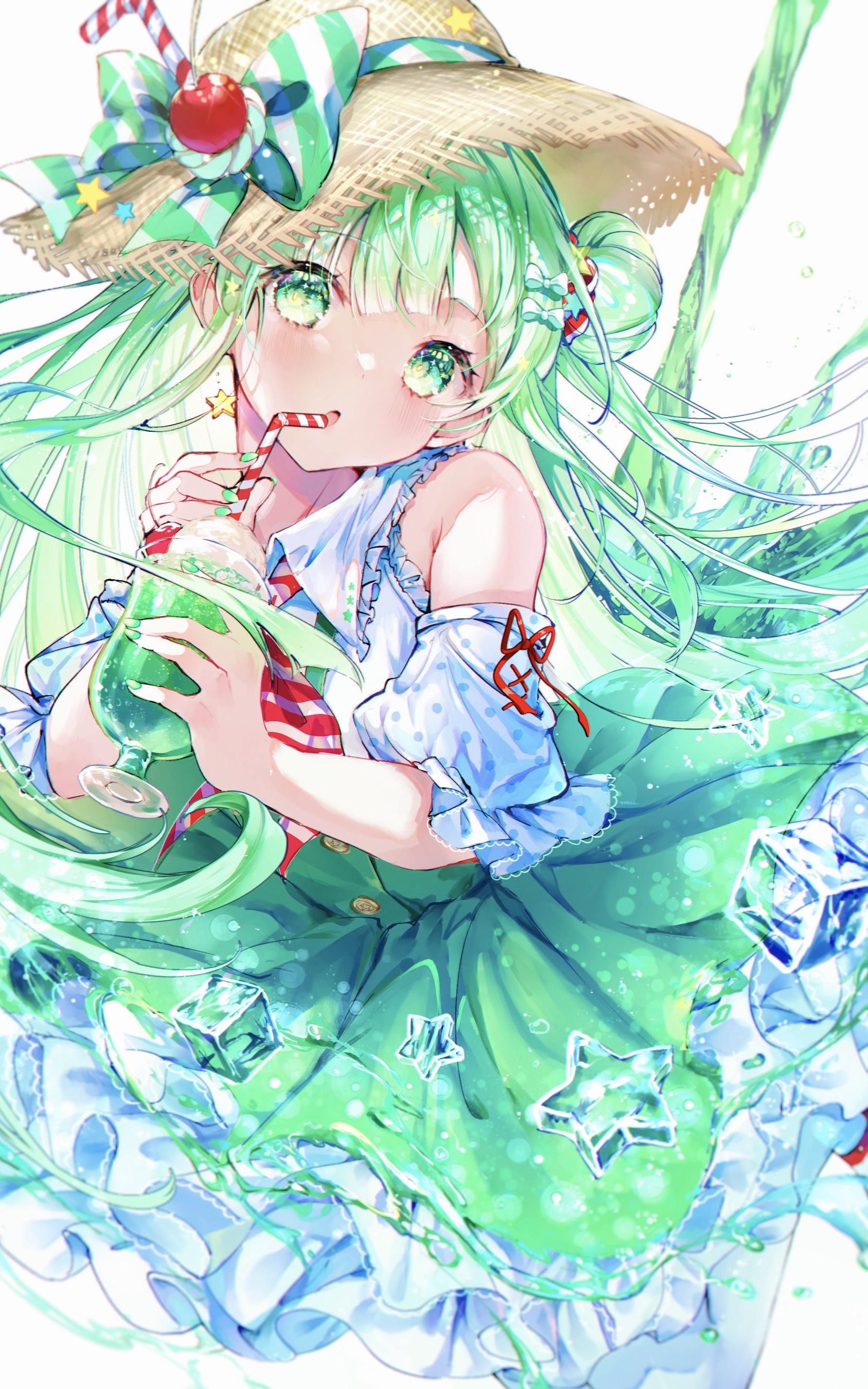 Anime girl with green hair drinking a green beverage HD Phone Wallpaper