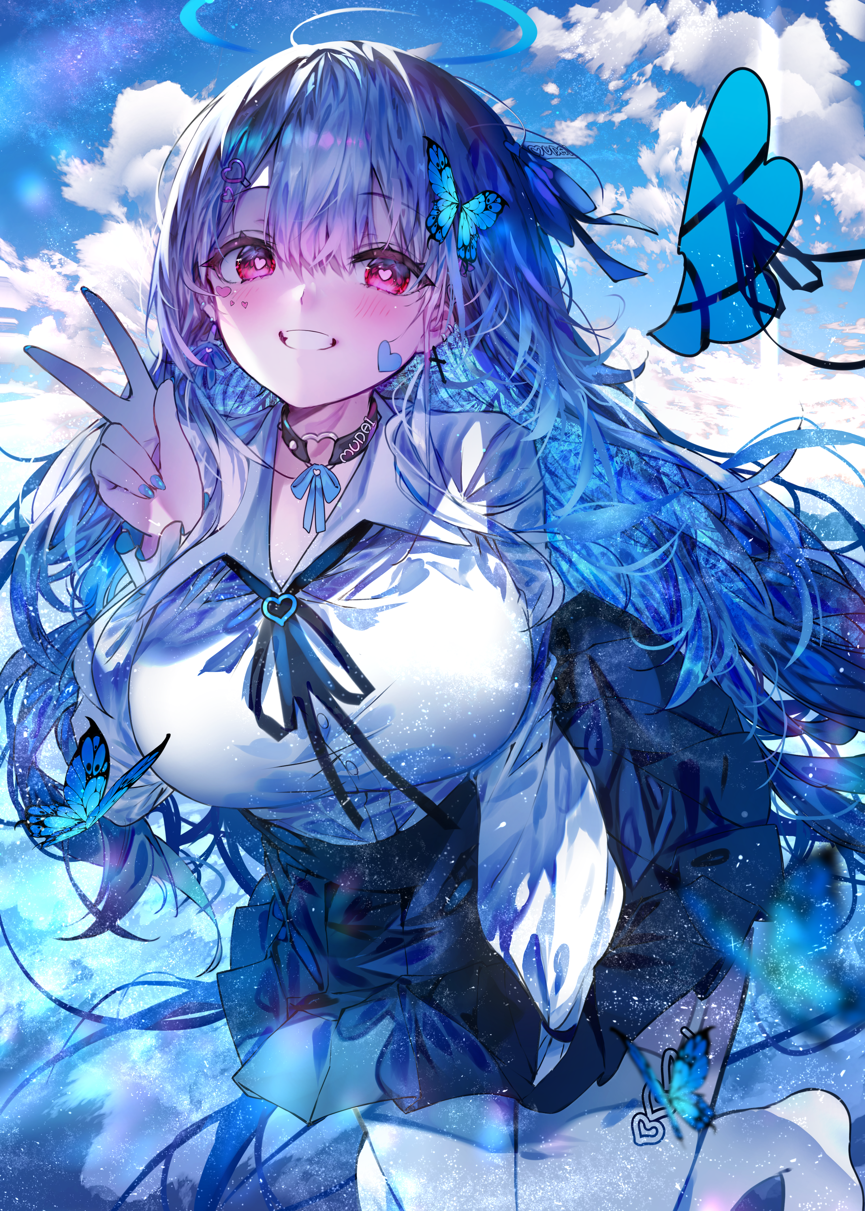 Anime girl with blue hair and butterflies in the sky HD Phone Wallpaper