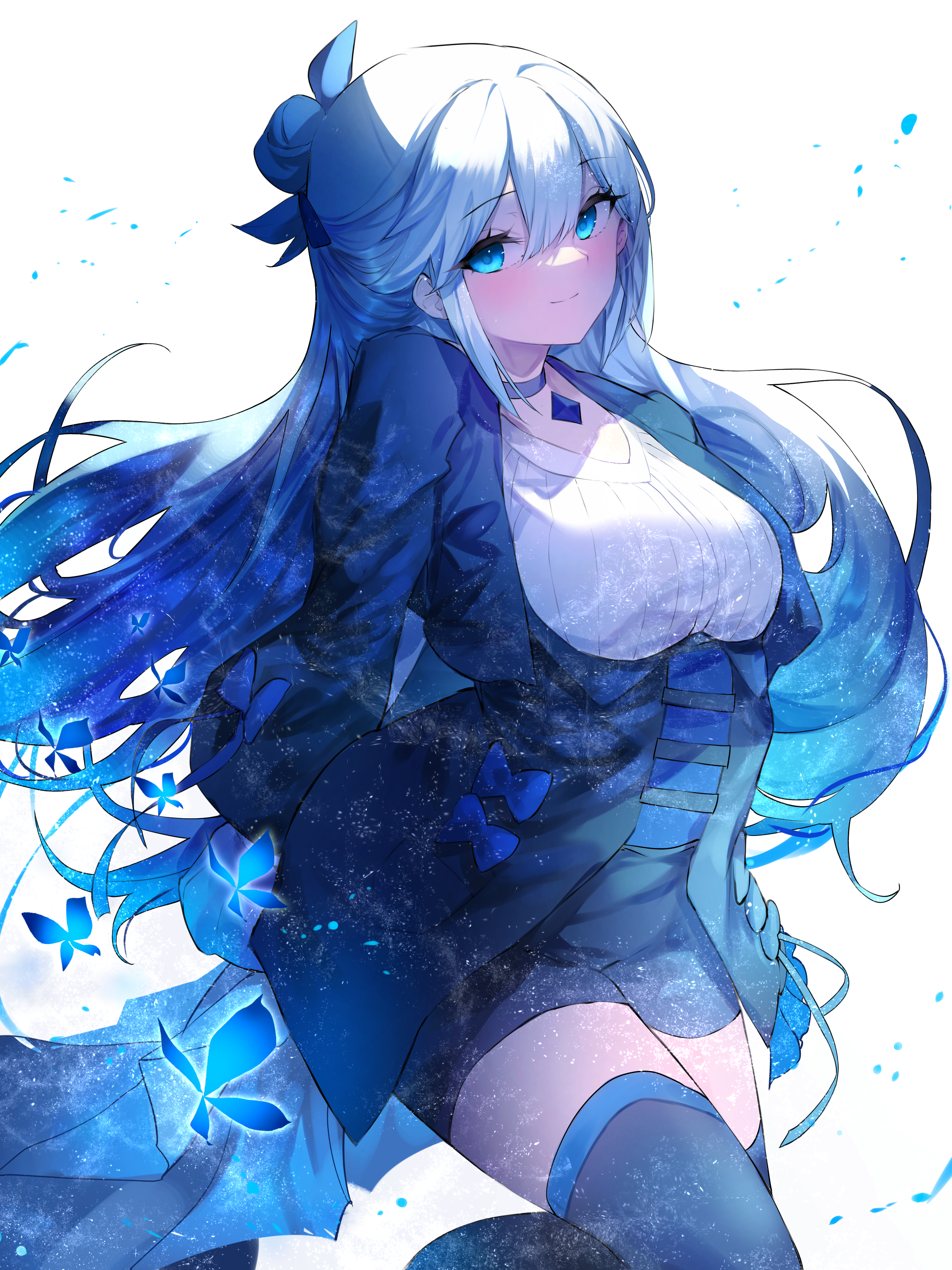 Anime girl with blue hair and butterfly motifs HD Phone Wallpaper
