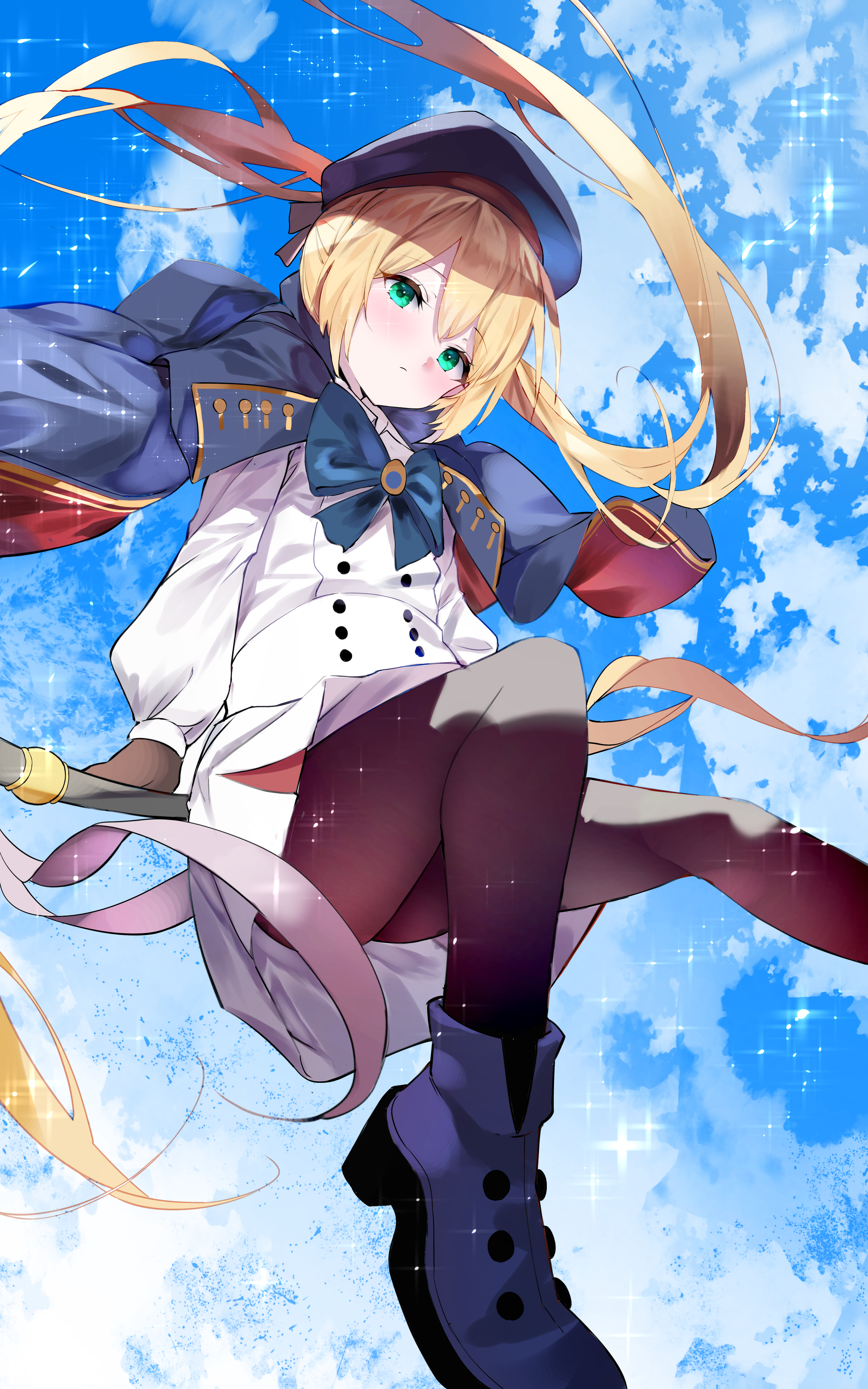 Anime girl with blonde twintails and green eyes in uniform HD Phone Wallpaper