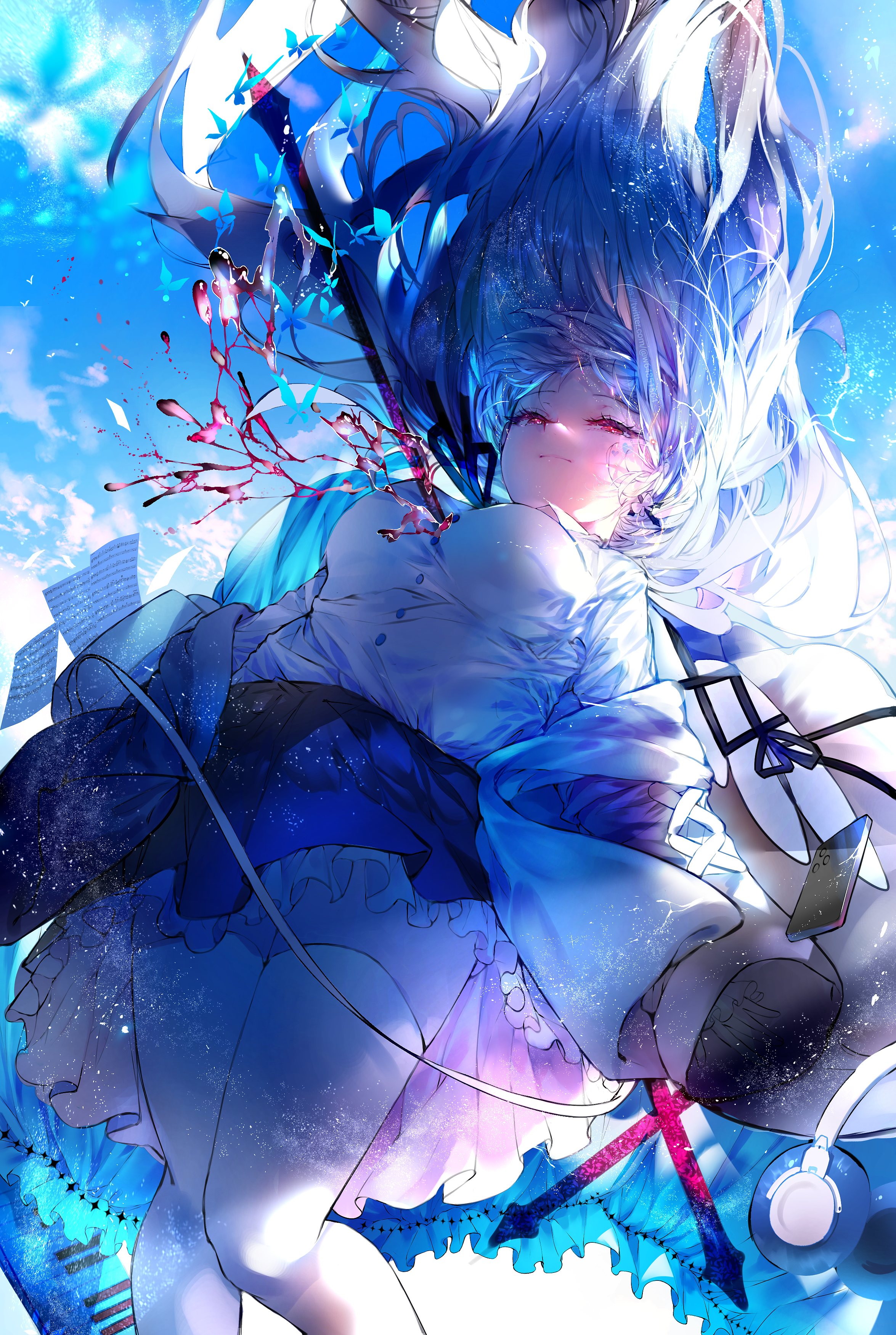 Girl with blue hair and headphones in the sky HD Phone Wallpaper
