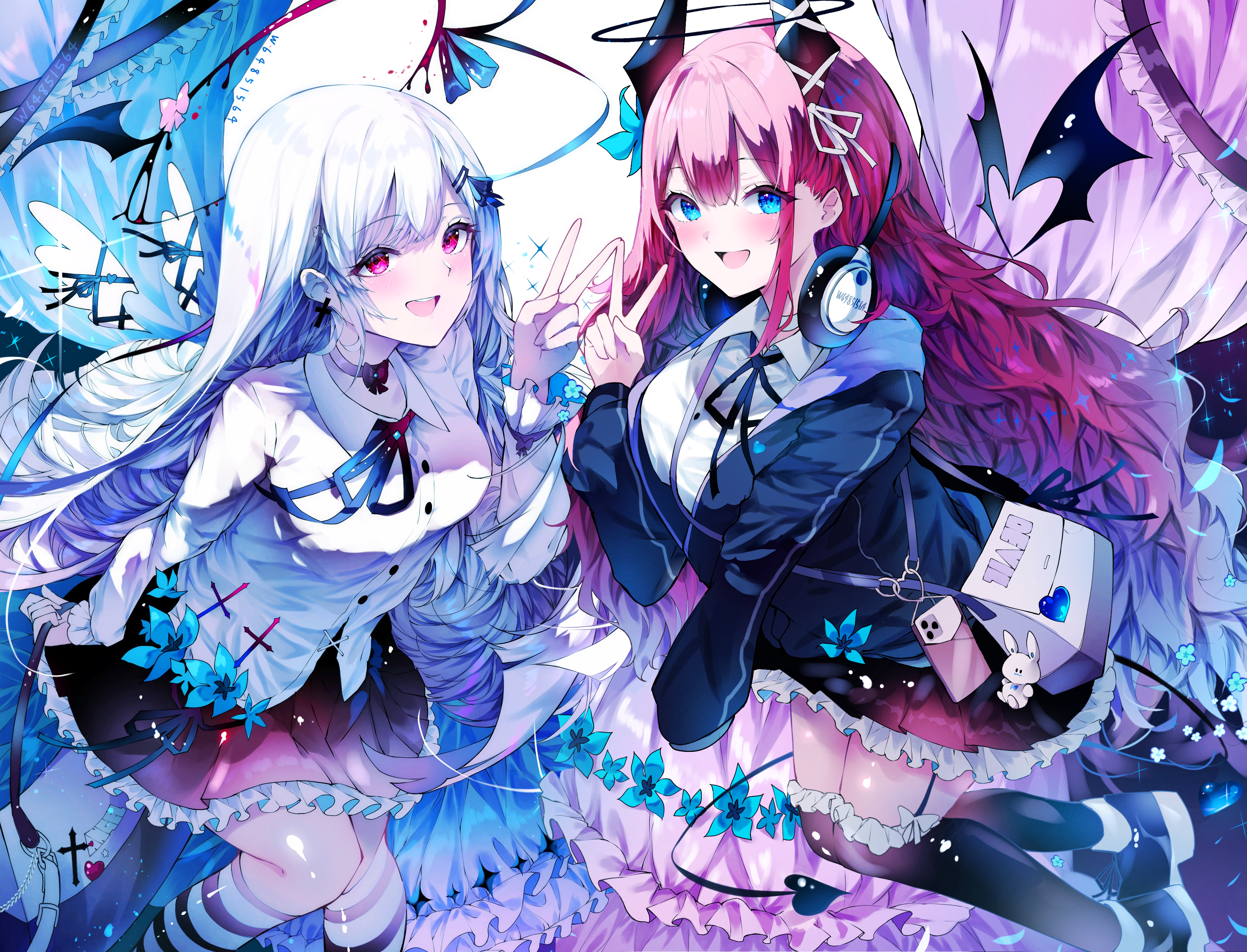 Two demon girls with wings and horns, one with white hair, one with pink hair HD Wallpaper