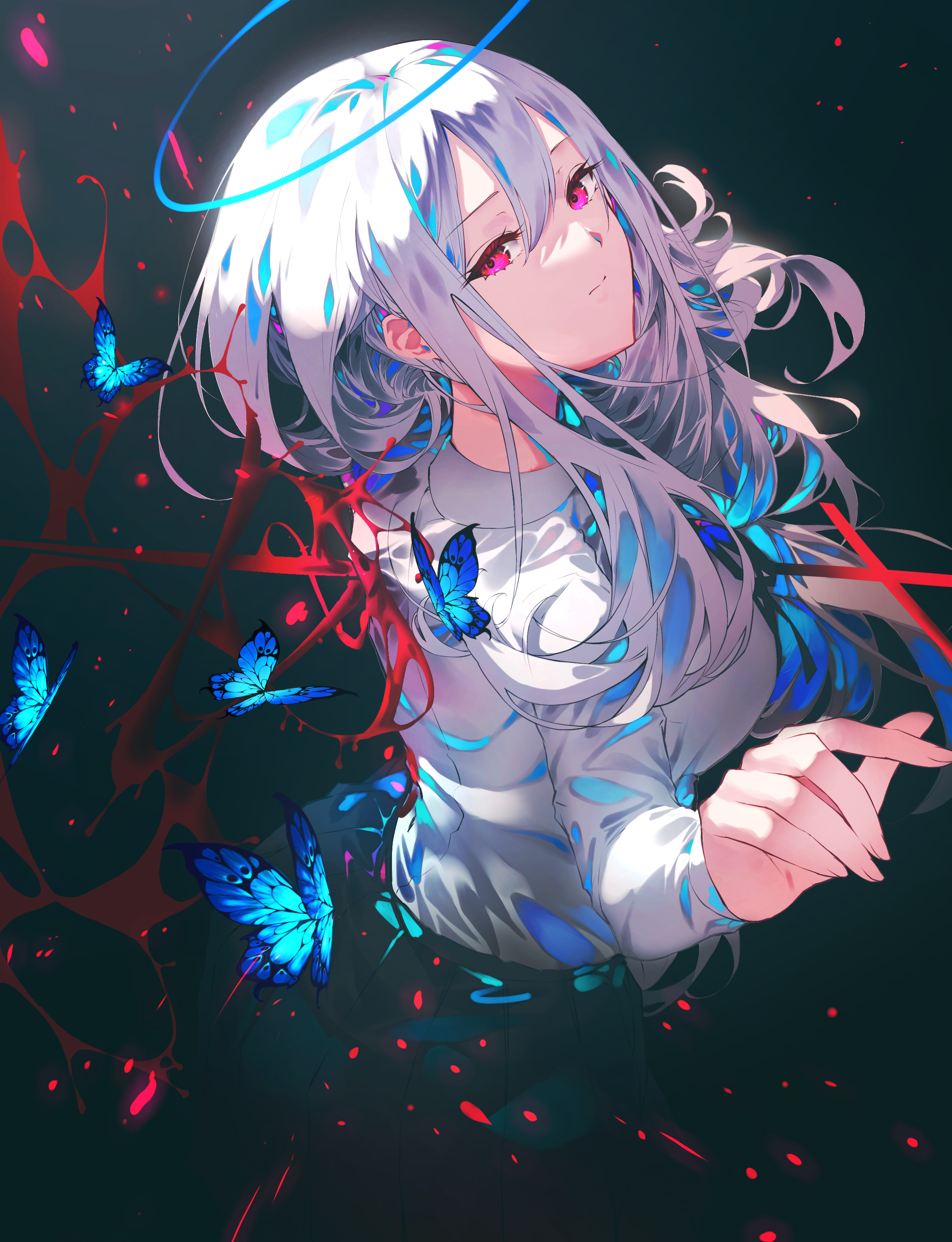 Girl with white hair and blue accents, butterflies HD Phone Wallpaper