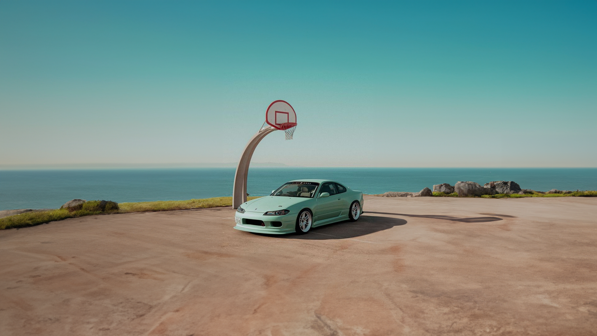 Nissan Silvia S15 with basketball hoop by the ocean HD Wallpaper