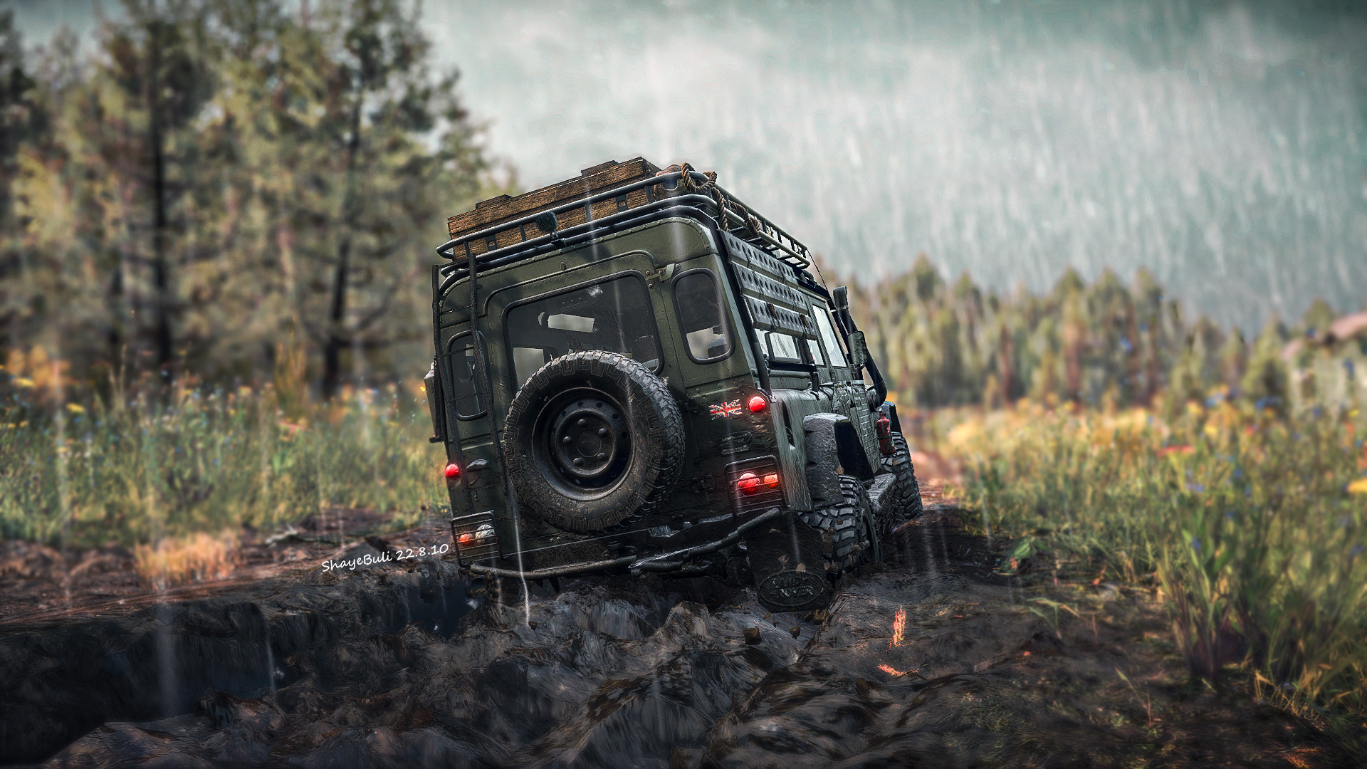 Land Rover Defender offroading in Snowrunner HD Wallpaper