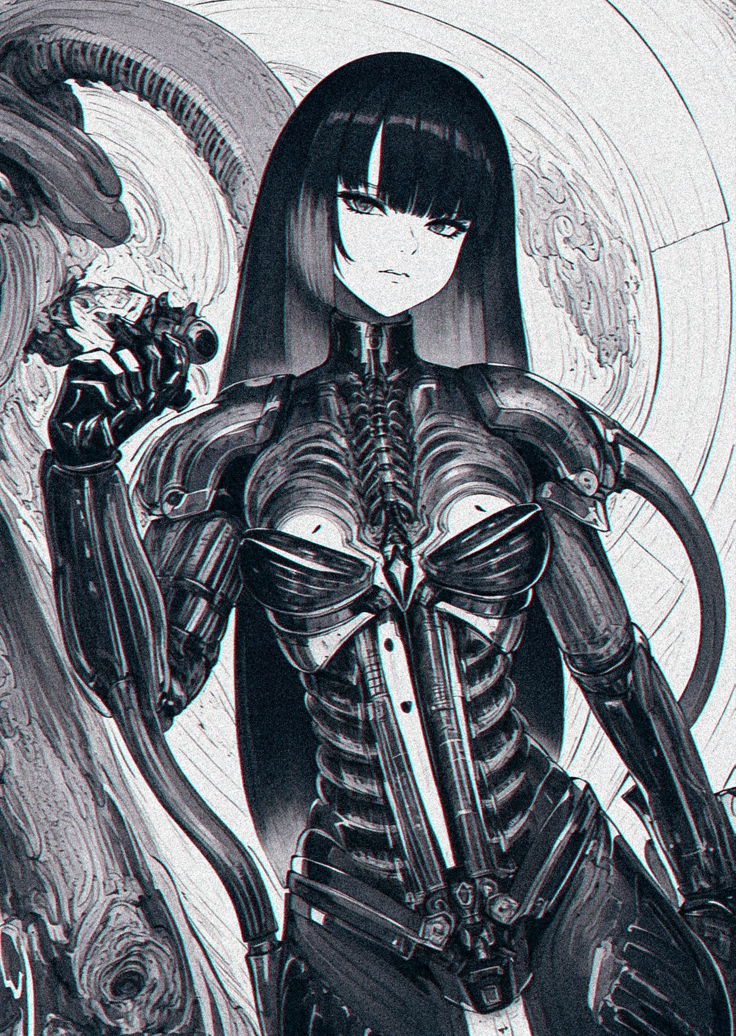 Monochrome drawing of a cyborg woman with long black hair HD Phone Wallpaper