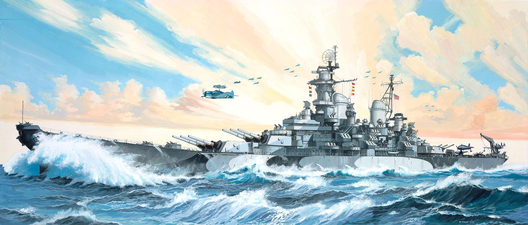Battleship sailing through rough seas with aircraft overhead HD Wallpaper