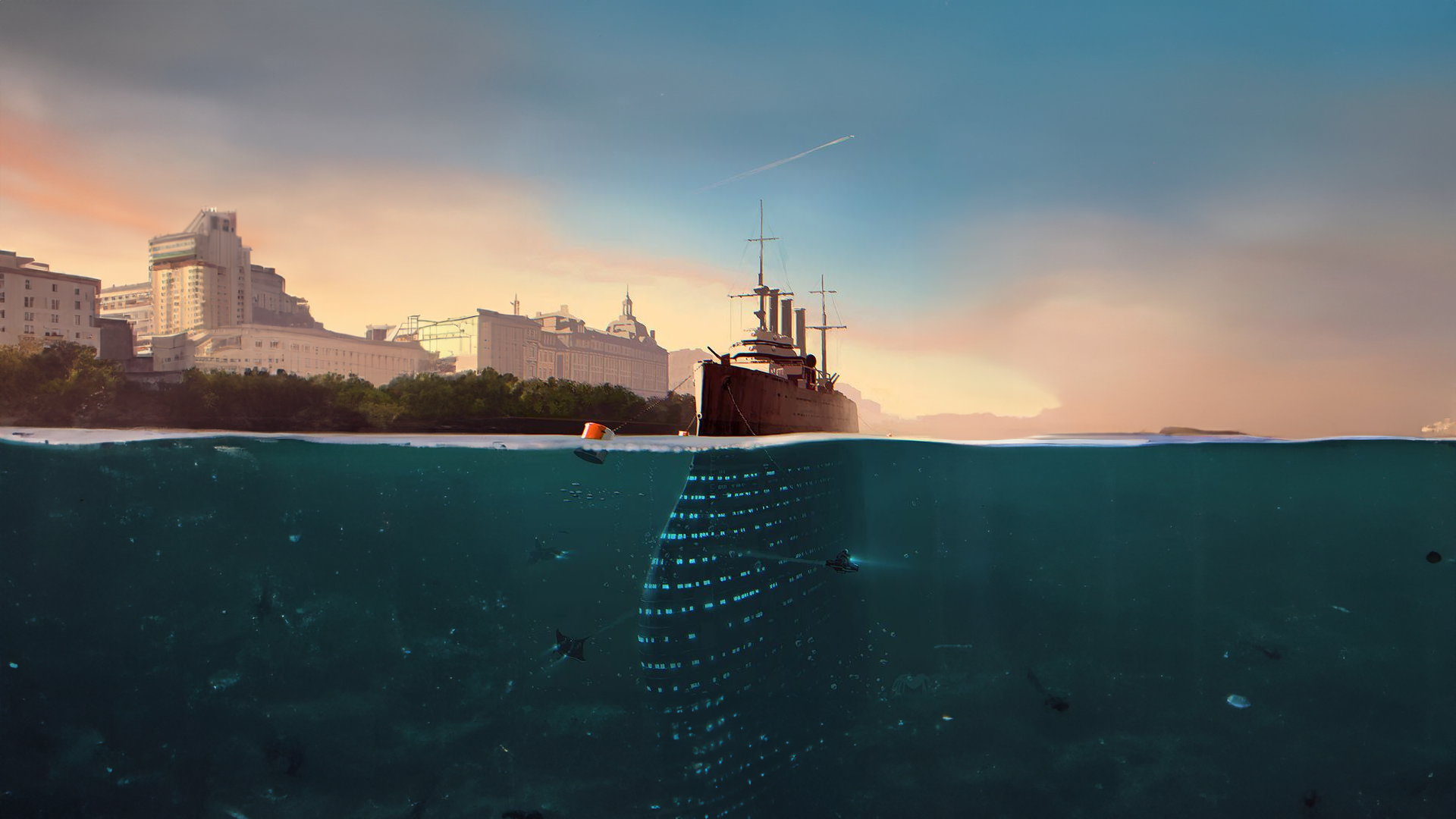 Ship docked near city buildings at sunset HD Wallpaper