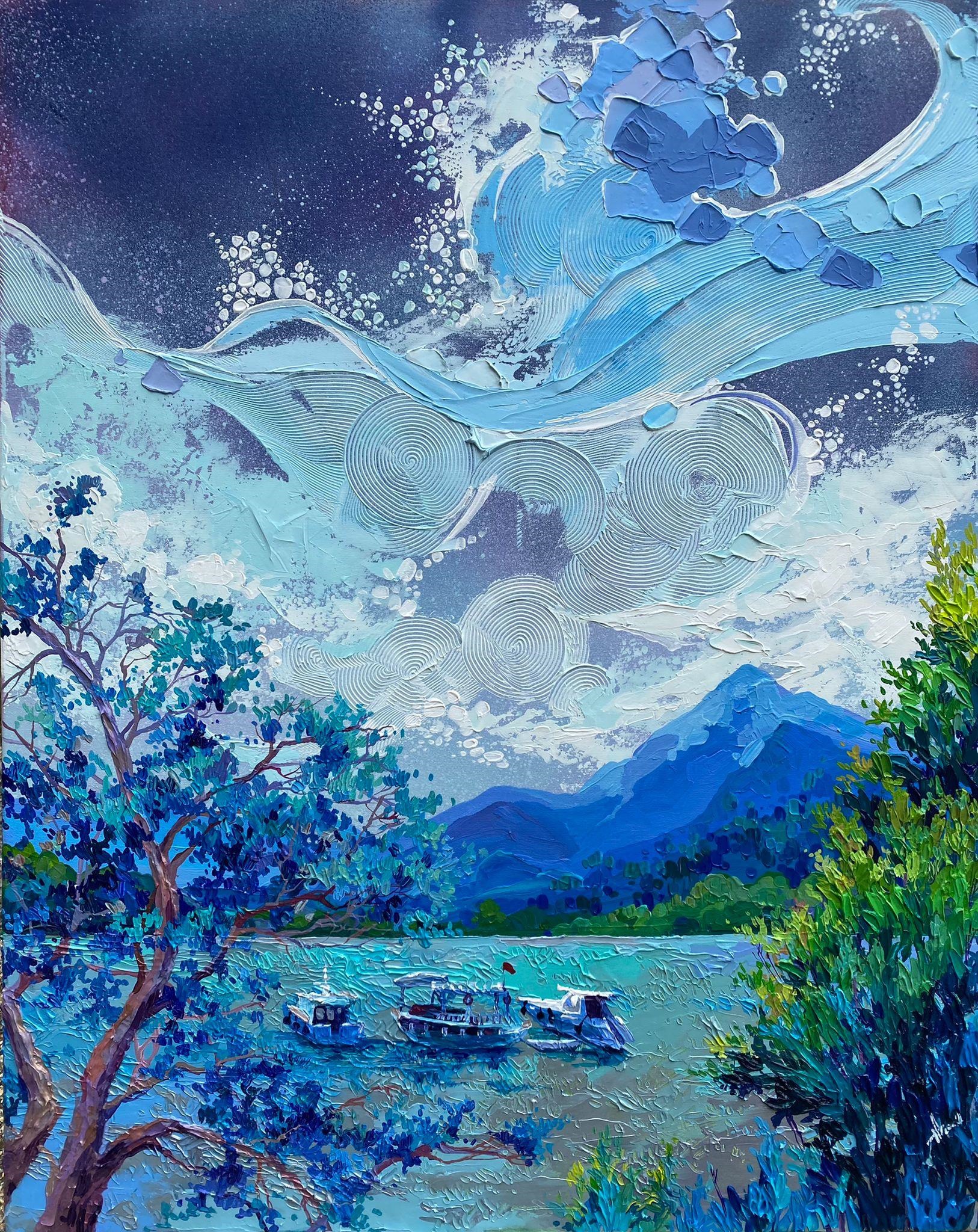 Oil painting of a lake with boats and mountains by Anastasia Trusova HD Phone Wallpaper