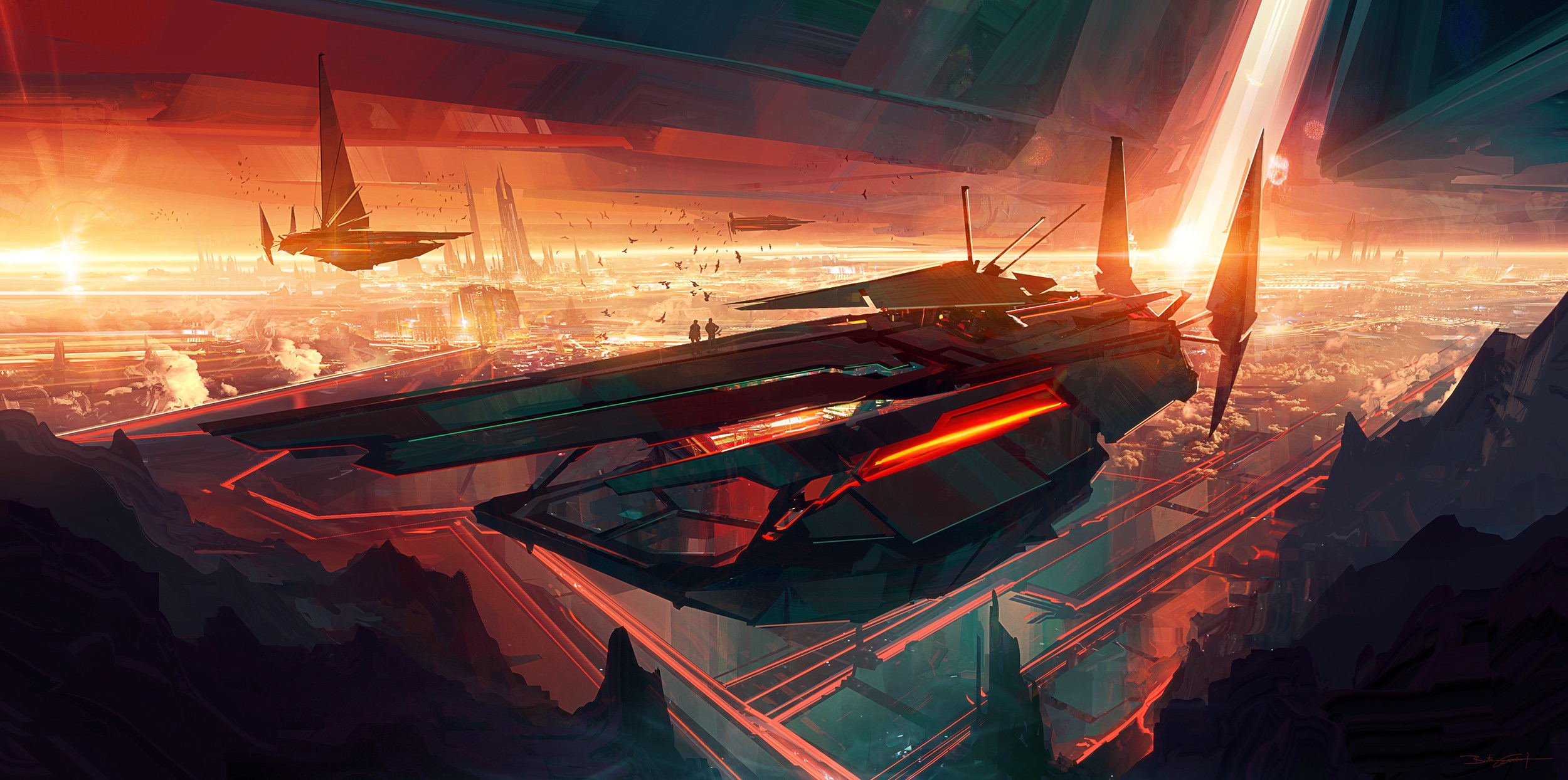 Bastien Grivet's futuristic city with spaceships HD Wallpaper