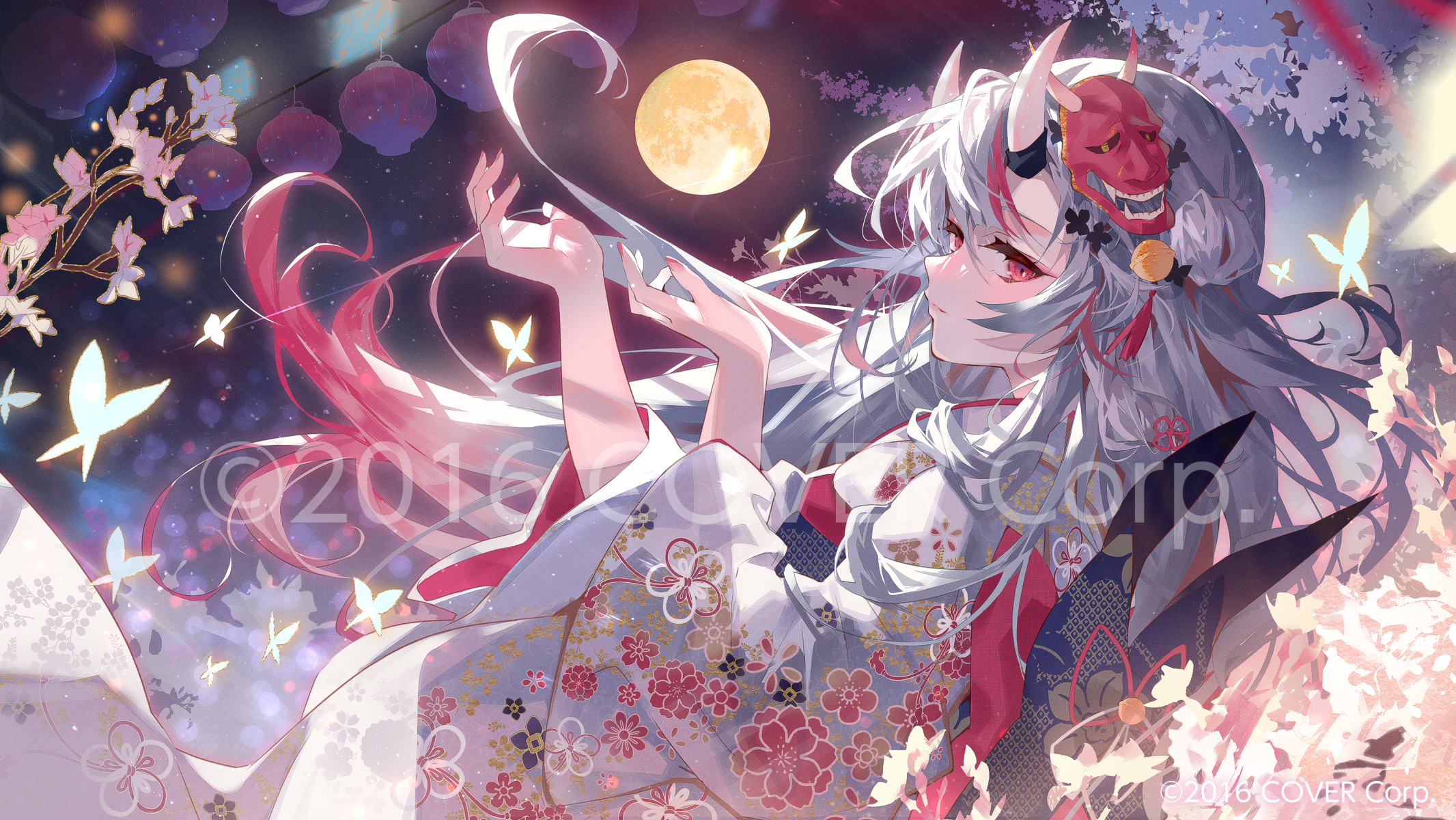 Nakiri Ayame in Kimono with Demon Mask and Moon HD Wallpaper
