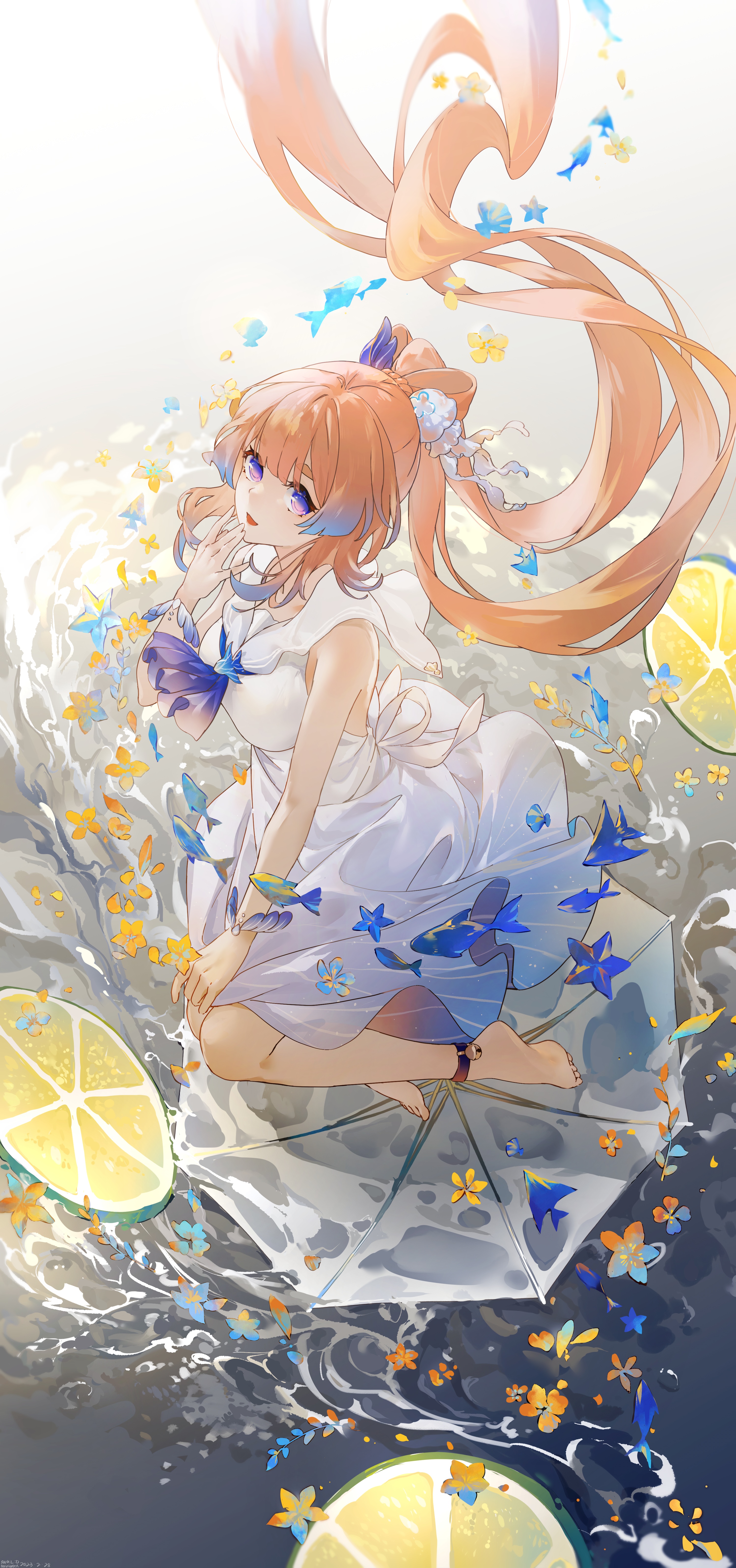 Sangonomiya Kokomi from Genshin Impact with fish and fruit HD Phone Wallpaper