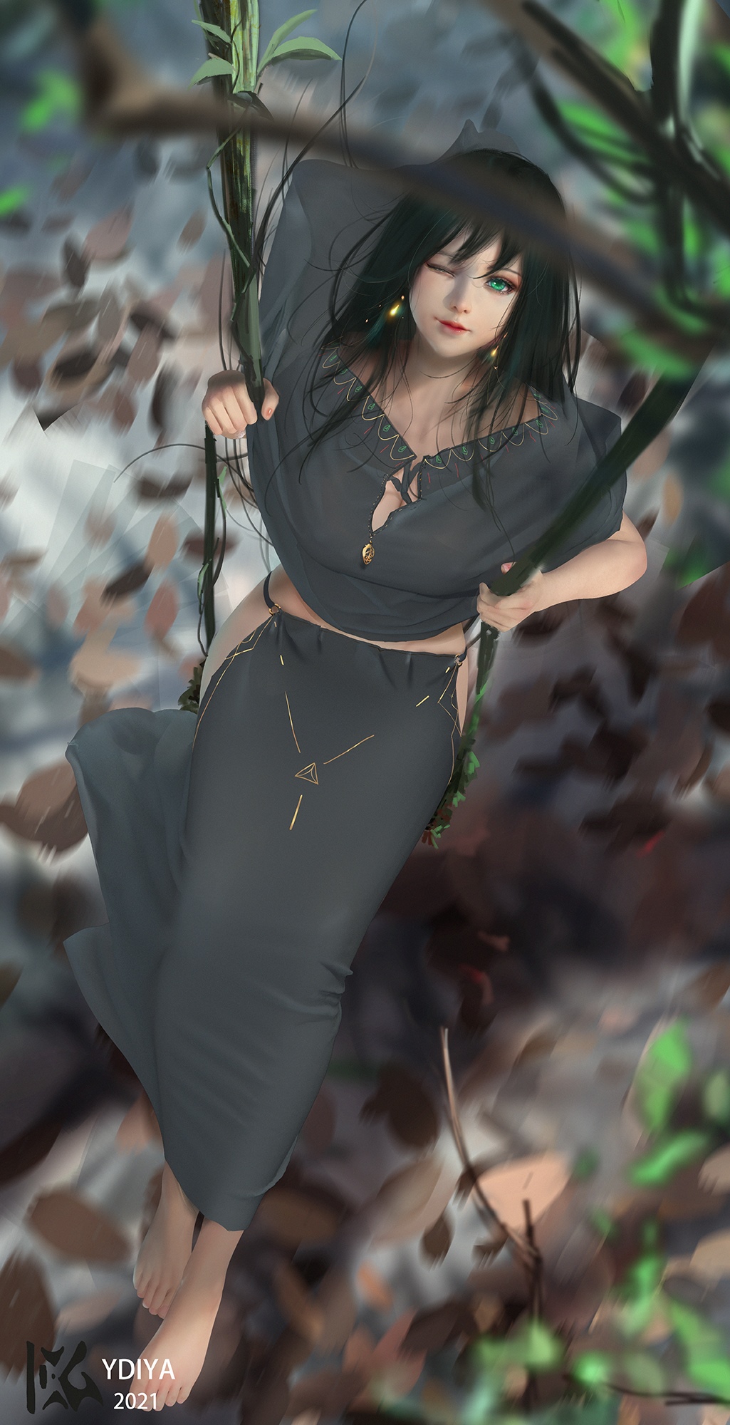 Woman on a swing with dark hair and green eyes HD Phone Wallpaper