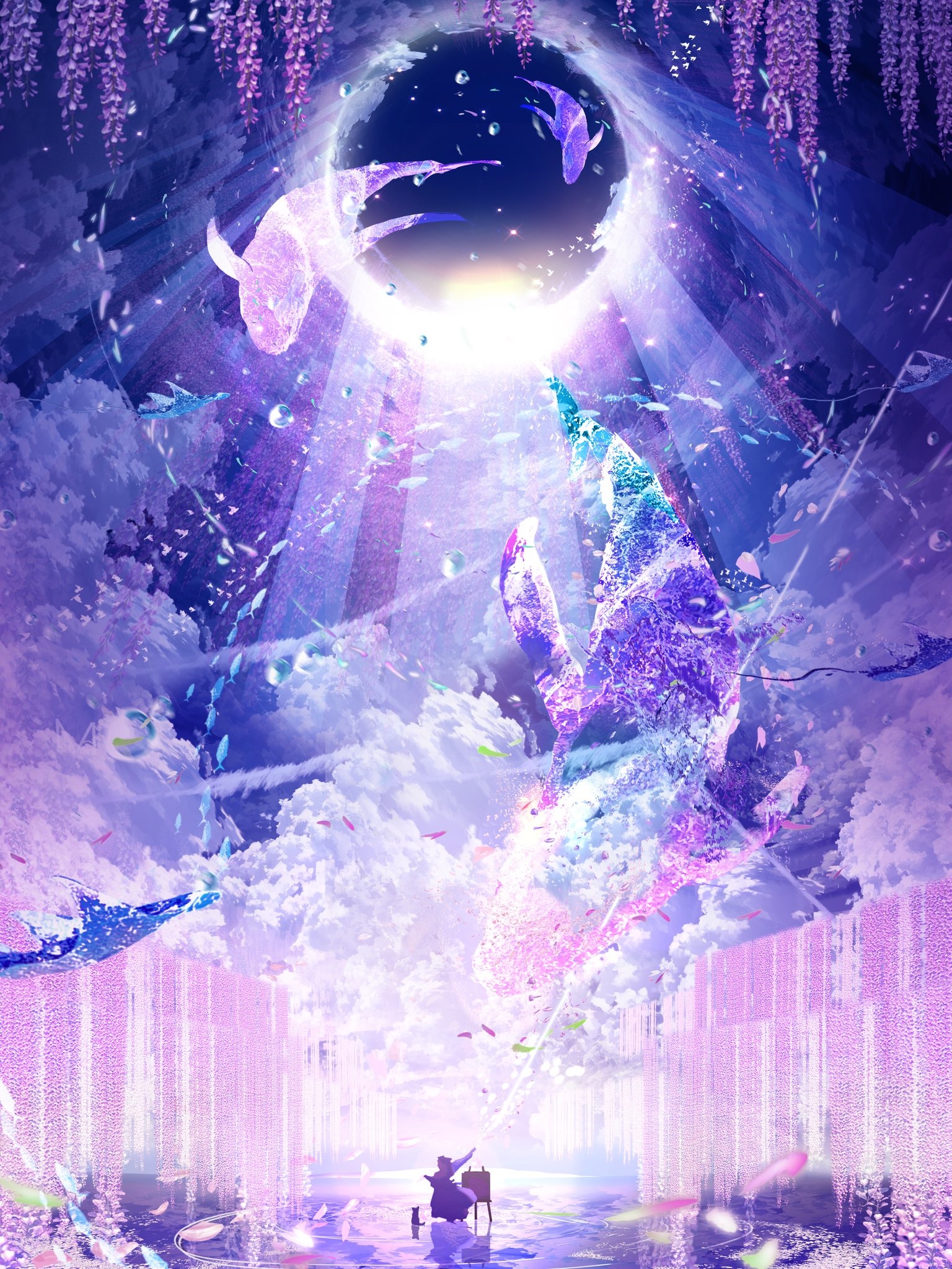 Whales and Wisteria in a Dreamlike Sky HD Phone Wallpaper