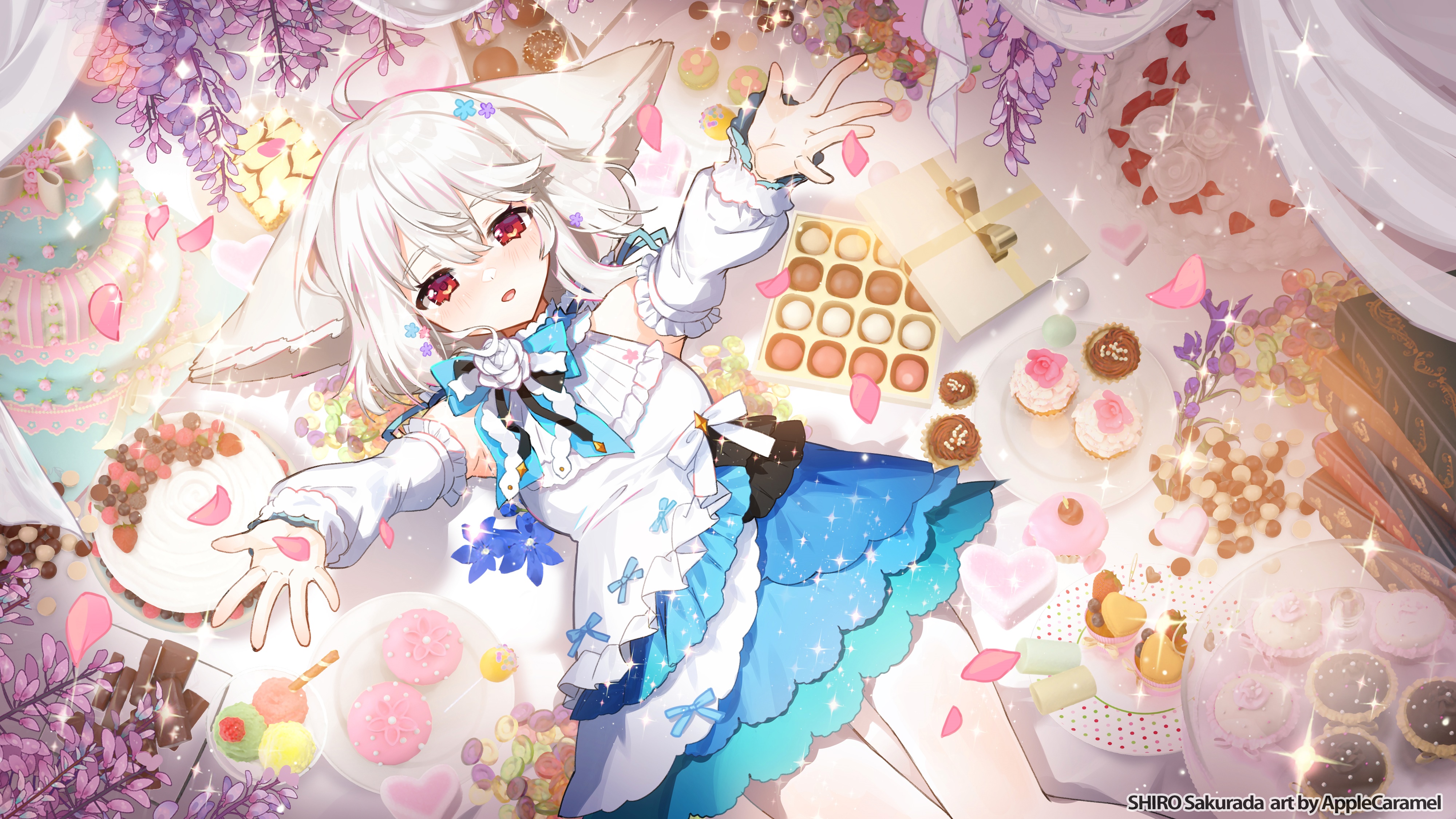 4K anime girl with animal ears surrounded by sweets HD Wallpaper