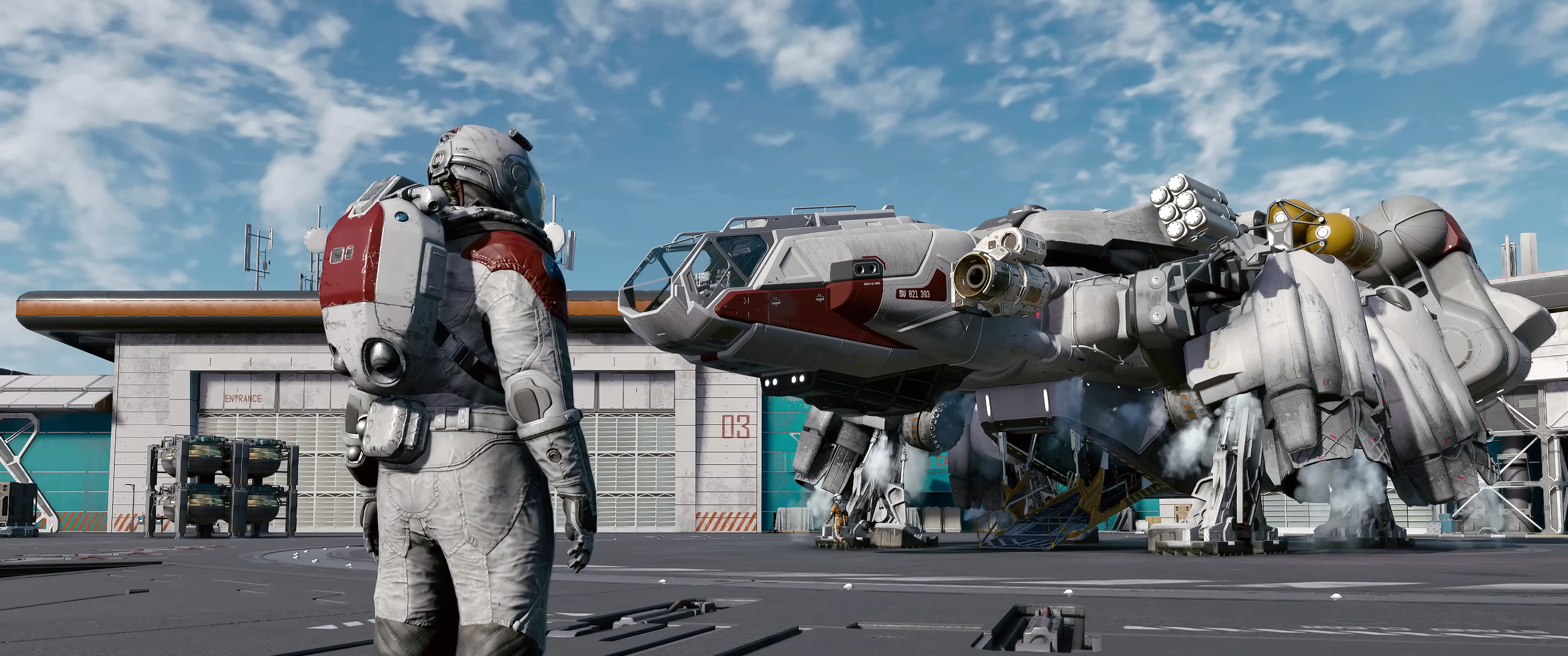 Starfield astronaut and spaceship on landing pad HD Wallpaper