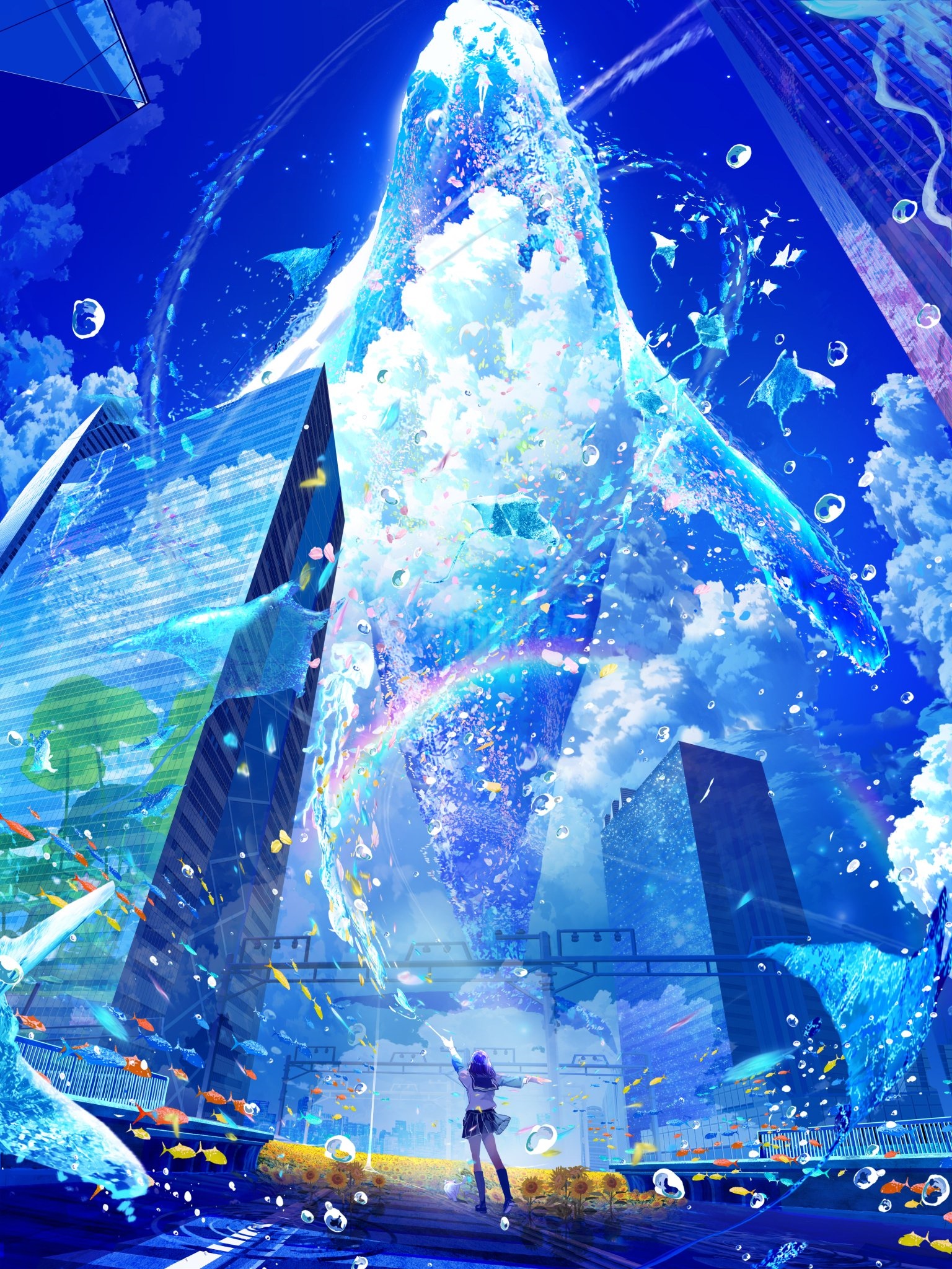 Girl in School Uniform with Flying Whales and Cityscape HD Phone Wallpaper