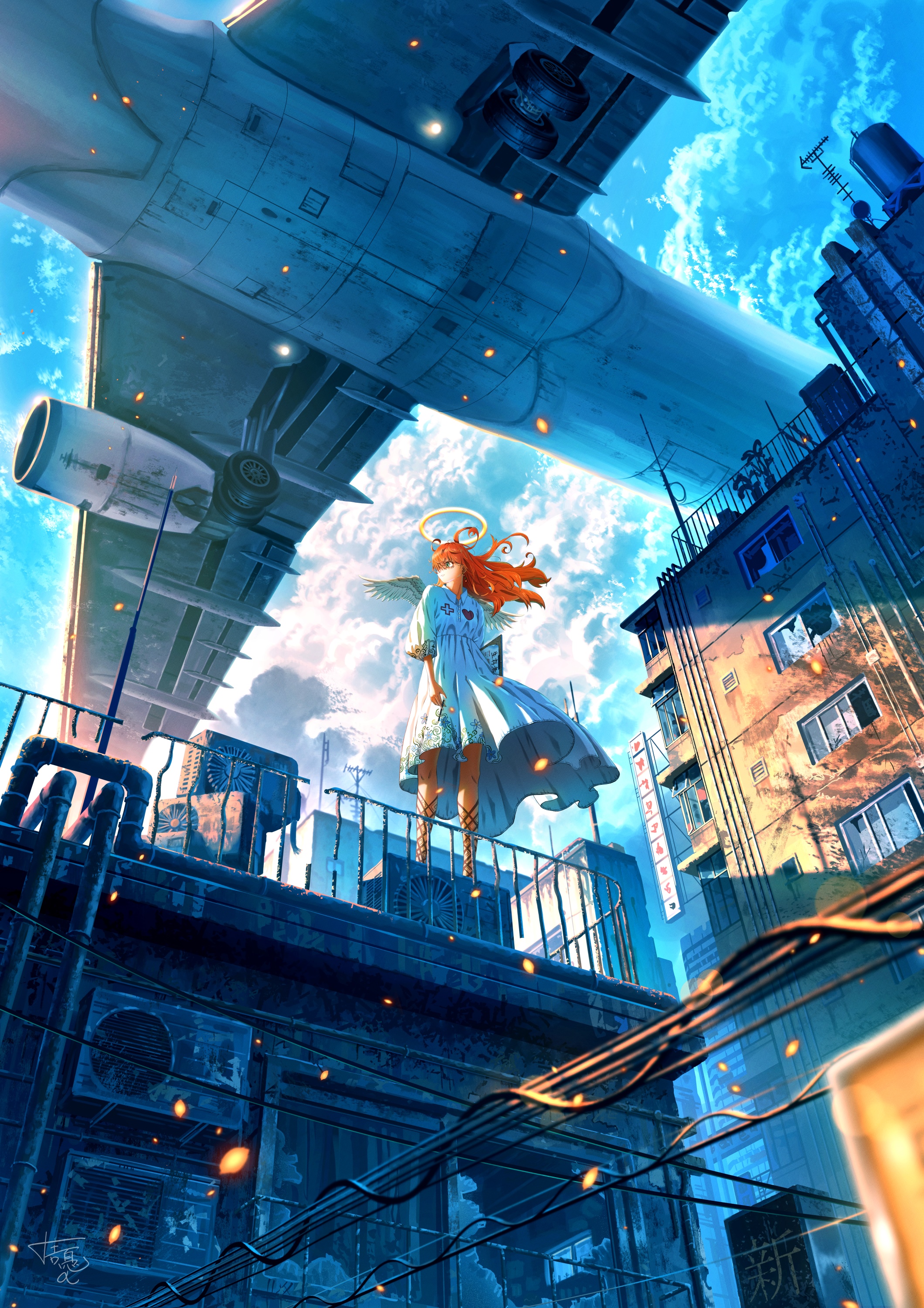 Angel on a rooftop under a large airplane HD Phone Wallpaper