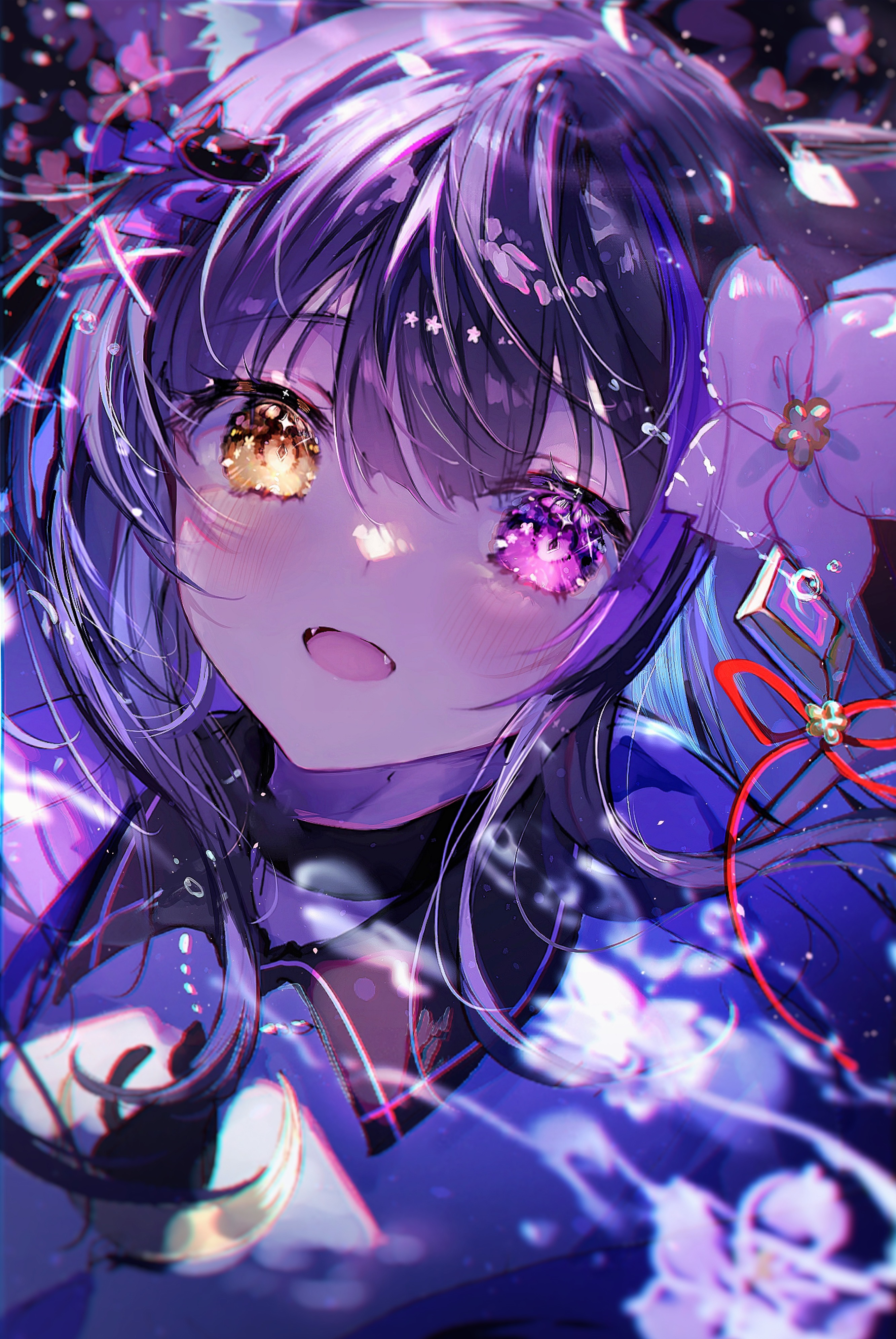 Anime girl with purple hair and heterochromatic eyes HD Phone Wallpaper