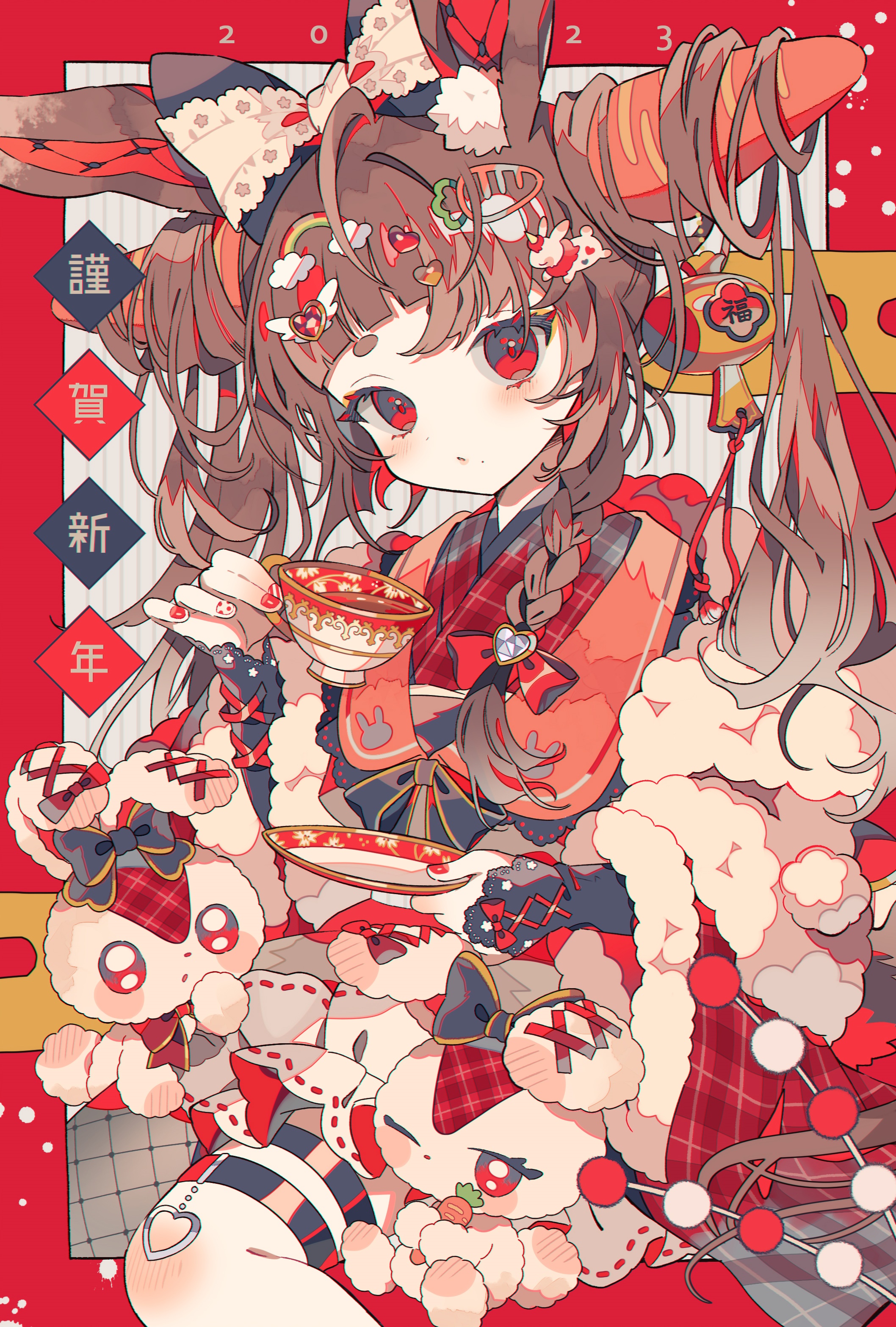 Bunny Girl with Tea and Plush Rabbits HD Phone Wallpaper