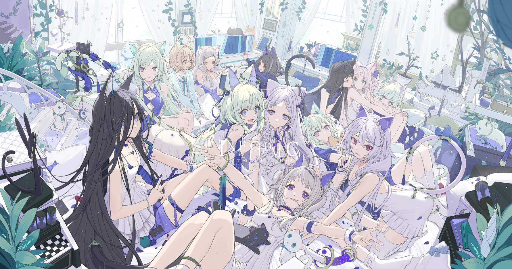 Cat girls in a room with plants and computers HD Wallpaper
