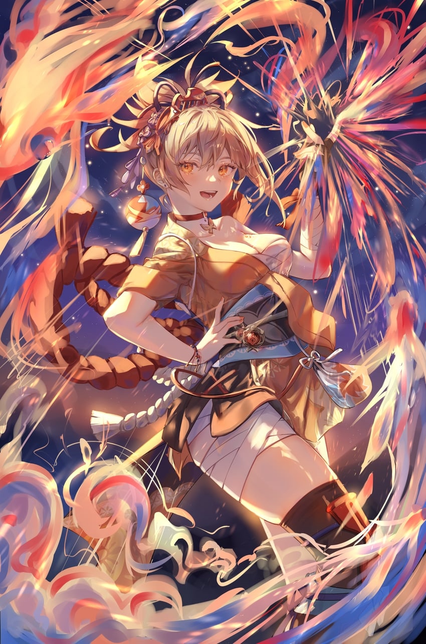 Yoimiya from Genshin Impact with fireworks HD Phone Wallpaper