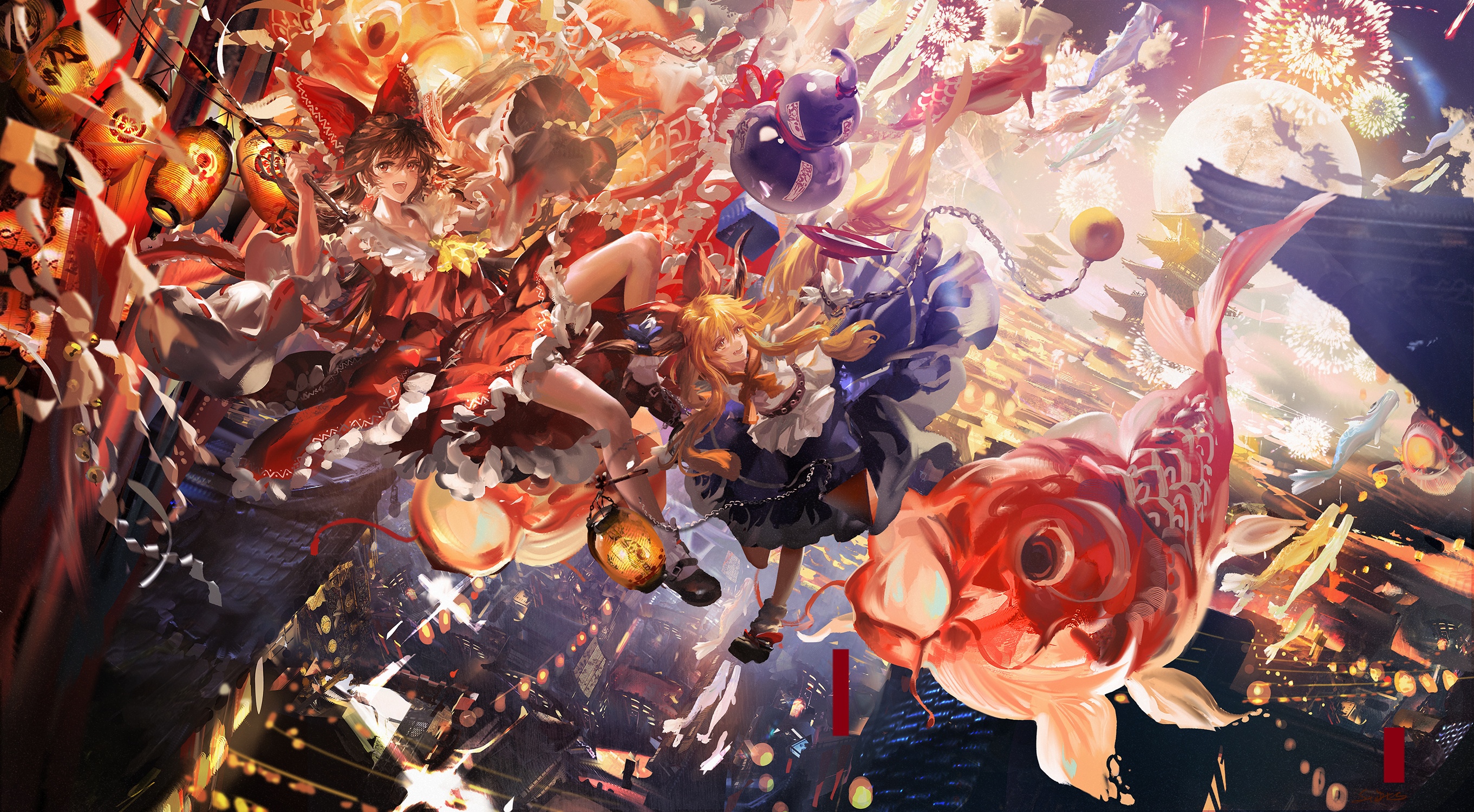 Touhou characters with koi and fireworks HD Wallpaper