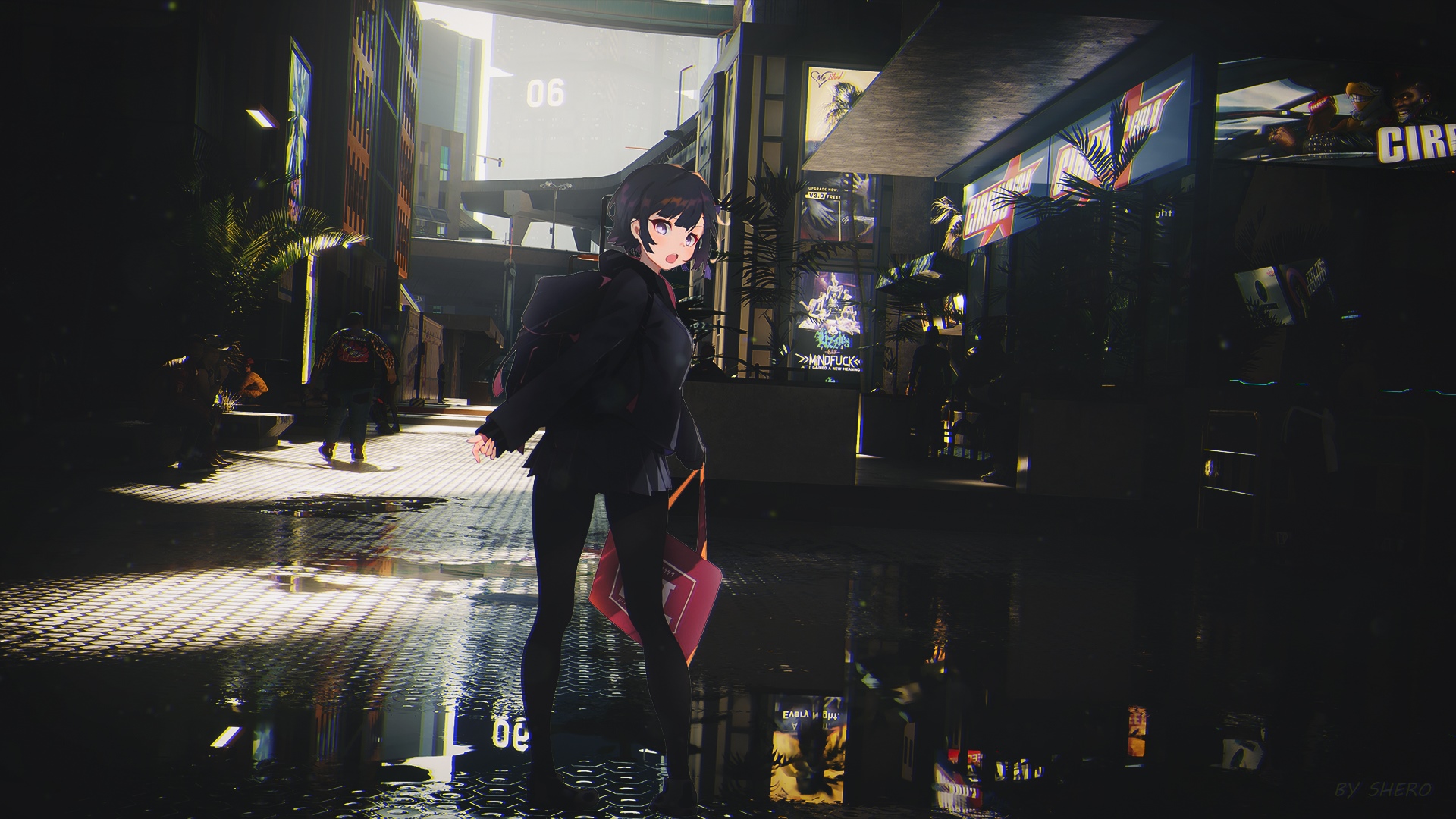 Girl with backpack in a cyberpunk city at night HD Wallpaper