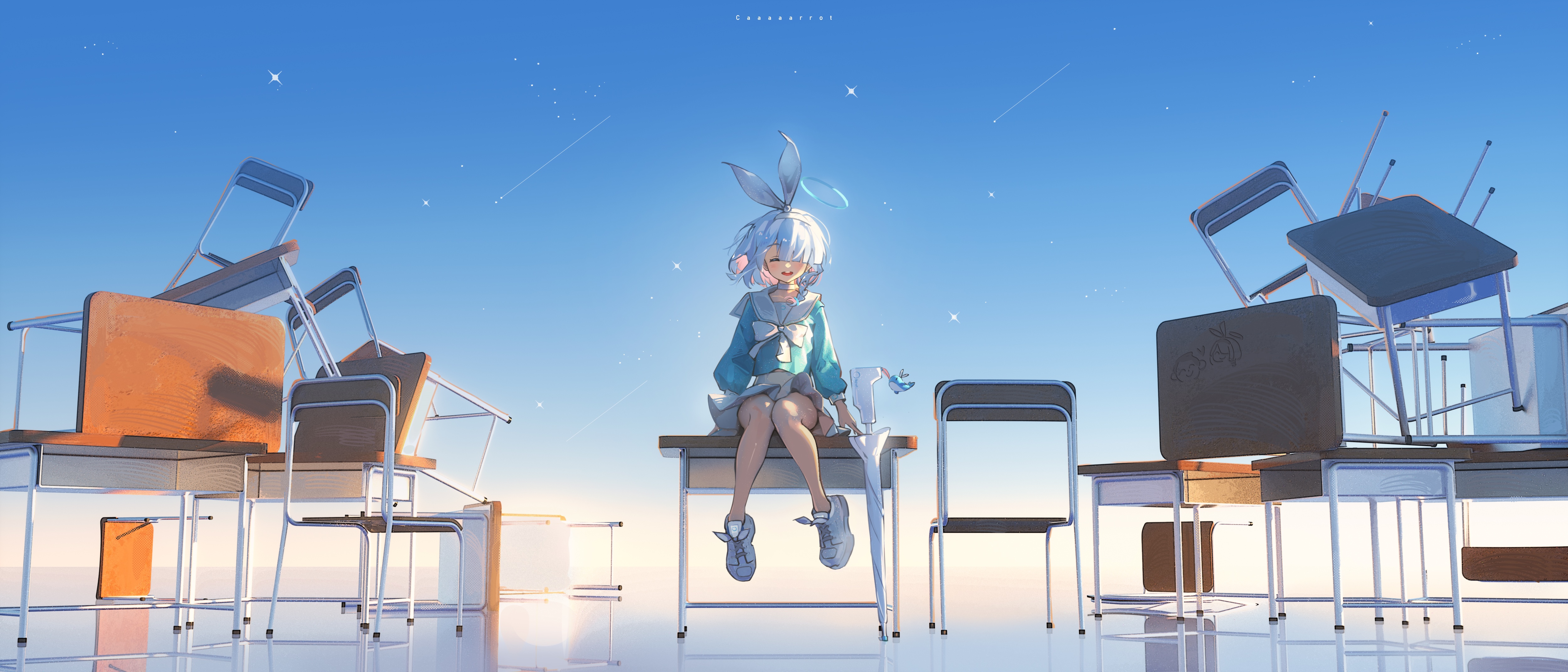 4K Blue Archive Arona with Umbrella and Desks HD Wallpaper