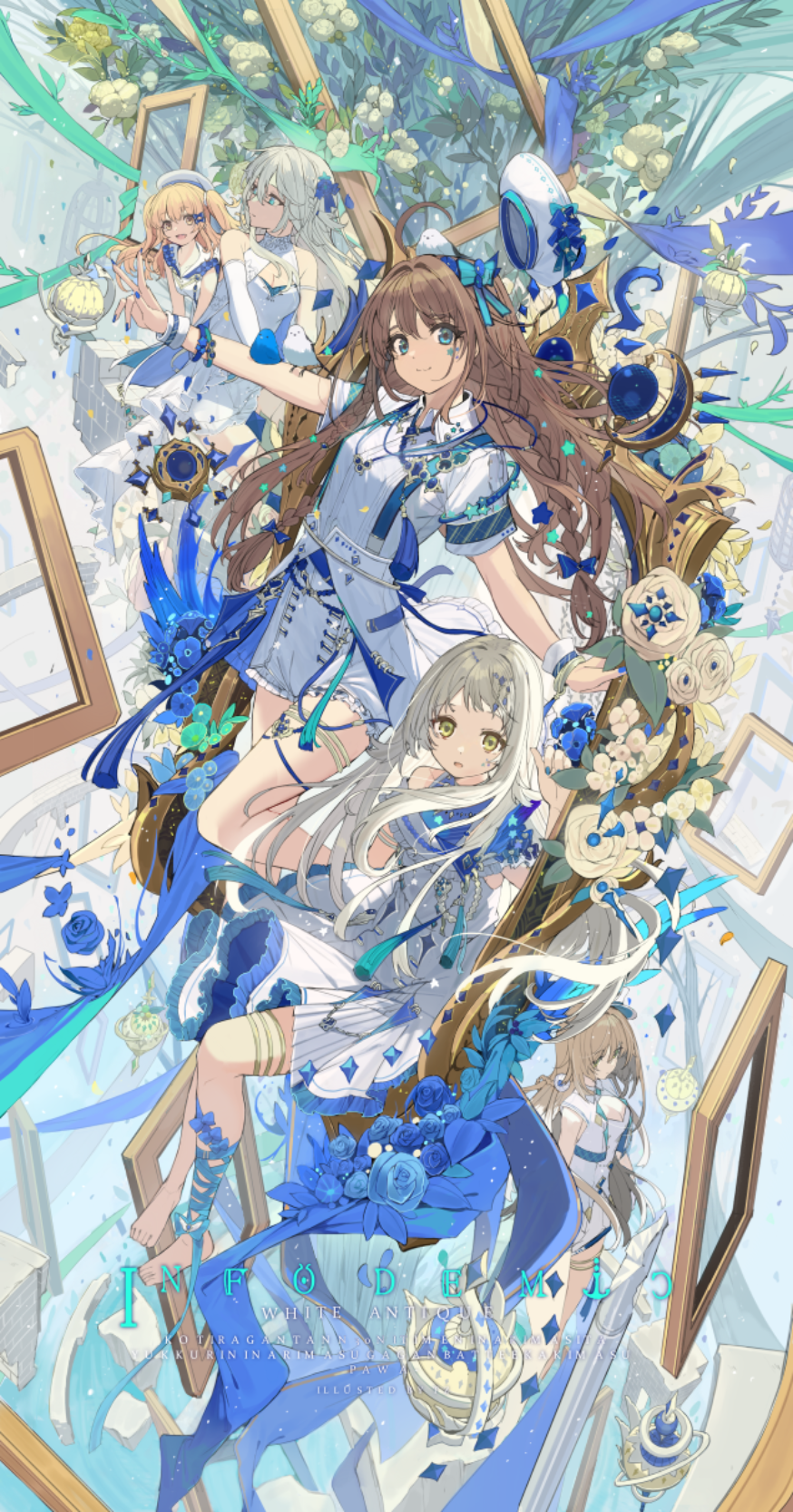 Four girls in white and blue outfits with flowers HD Phone Wallpaper