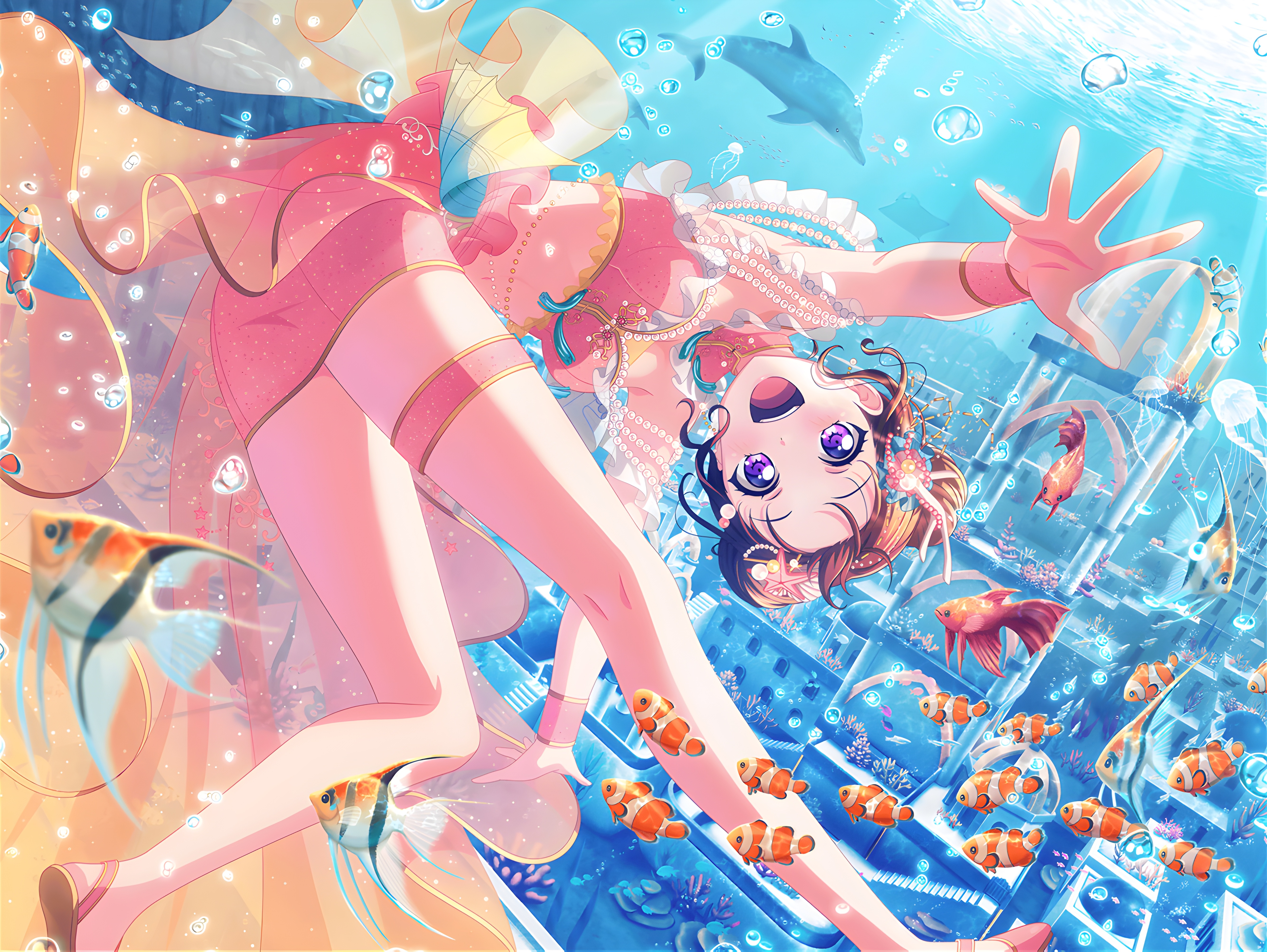 4K Toyama Kasumi underwater with fish and dolphin HD Wallpaper
