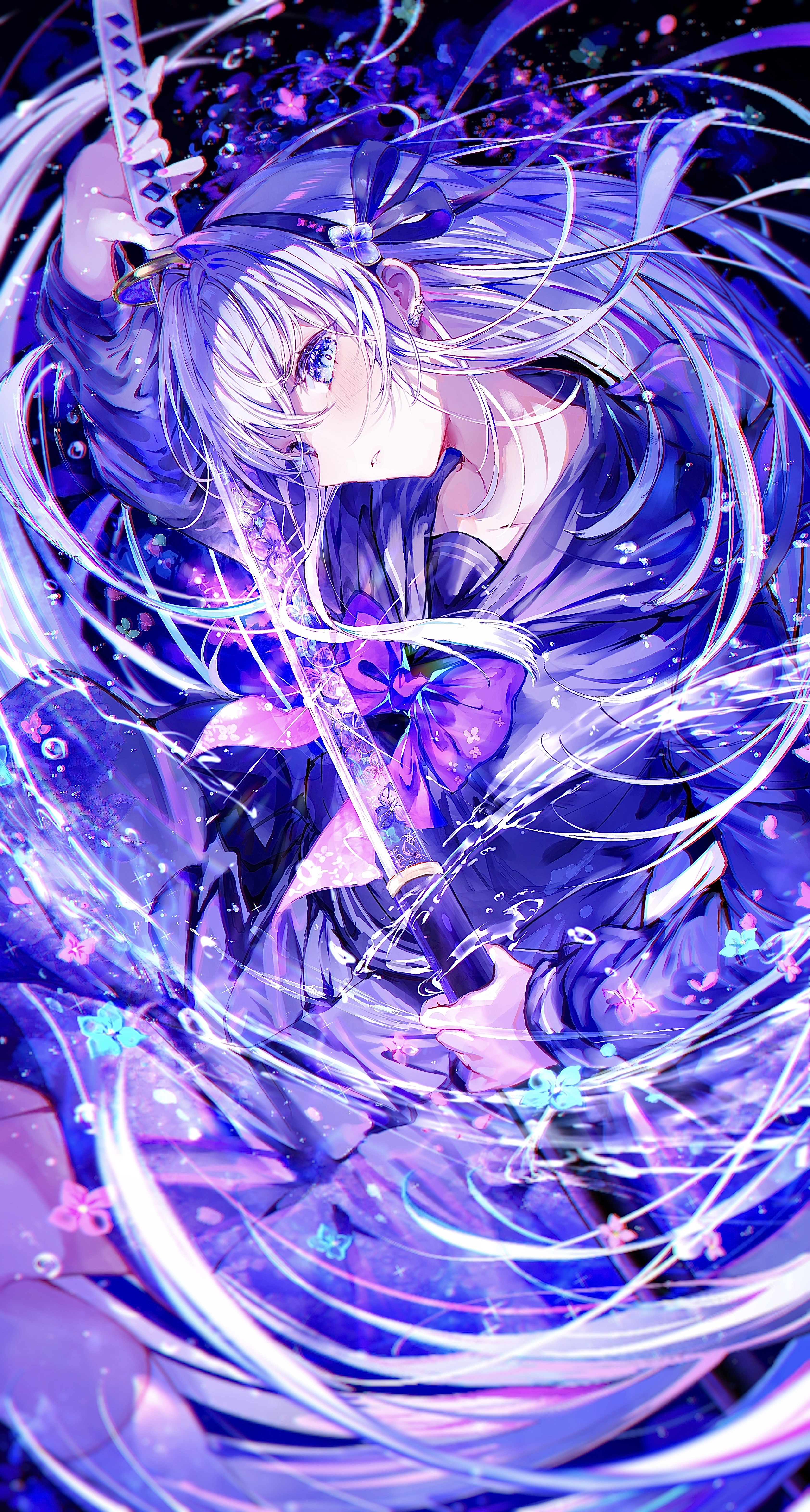 Anime schoolgirl with sword and purple bow tie HD Phone Wallpaper