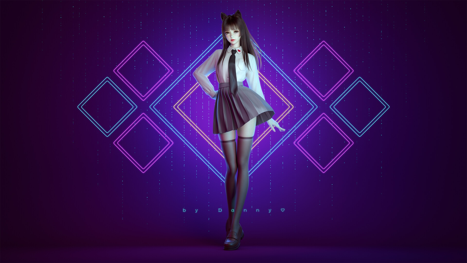 Cat girl in school uniform with neon squares HD Wallpaper