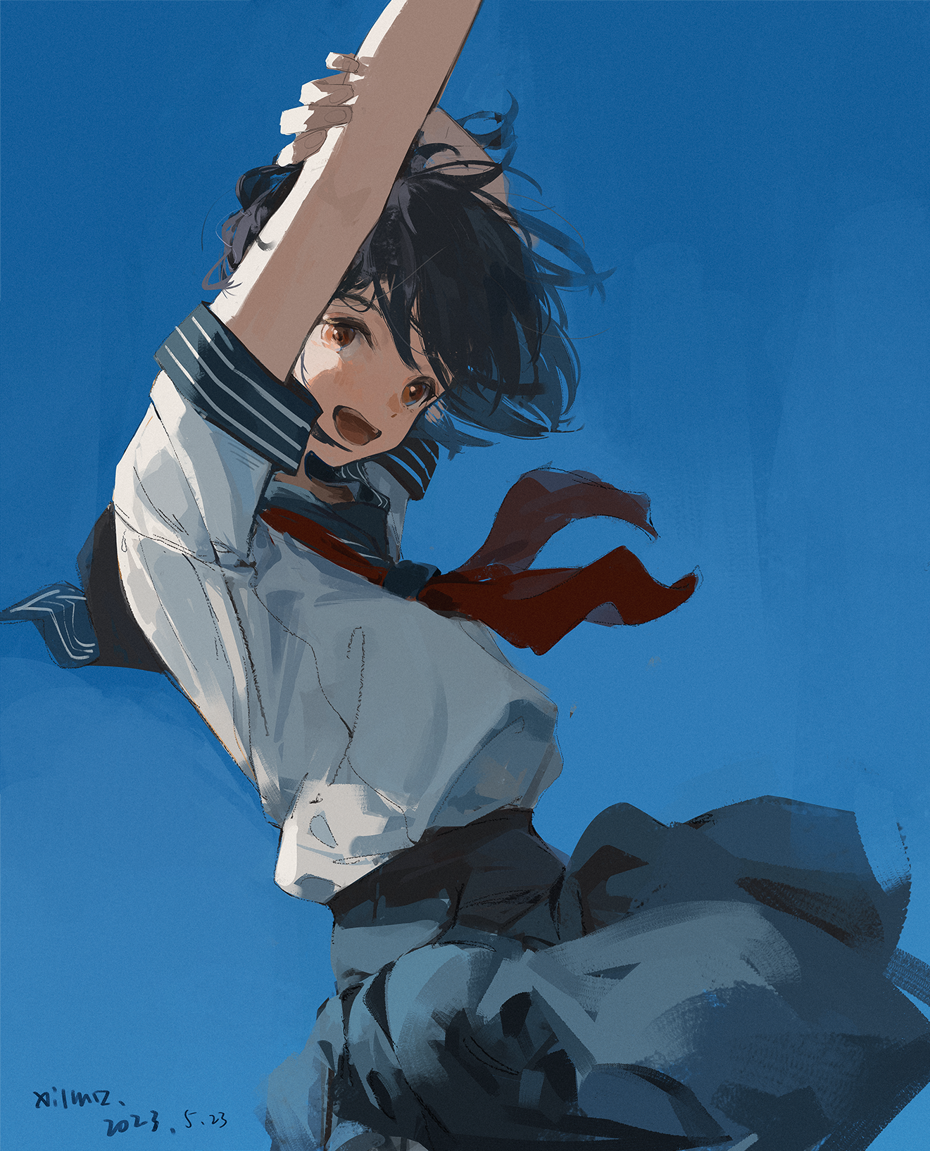 Schoolgirl in uniform with red scarf against blue background HD Phone Wallpaper
