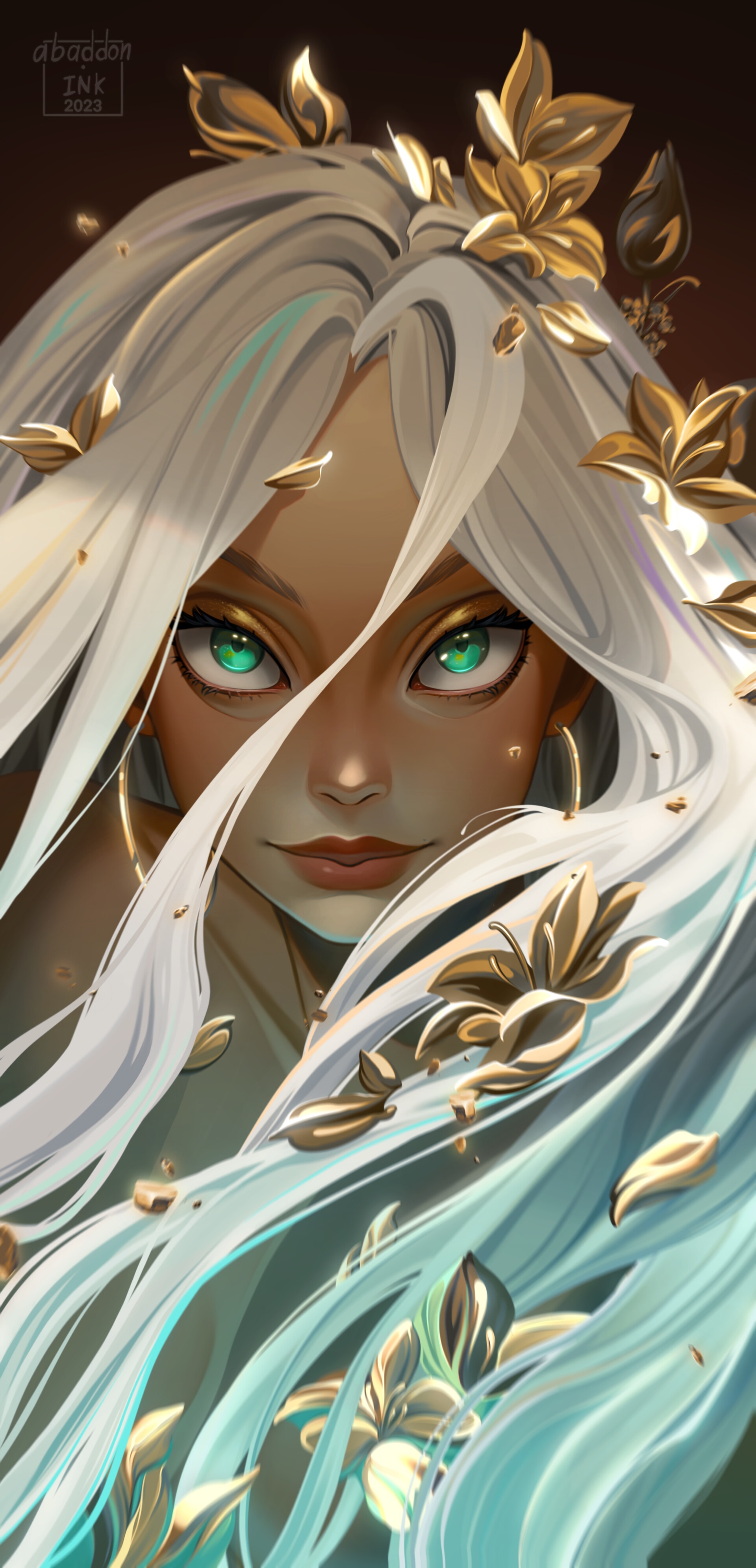 Woman with white hair and golden flowers HD Phone Wallpaper