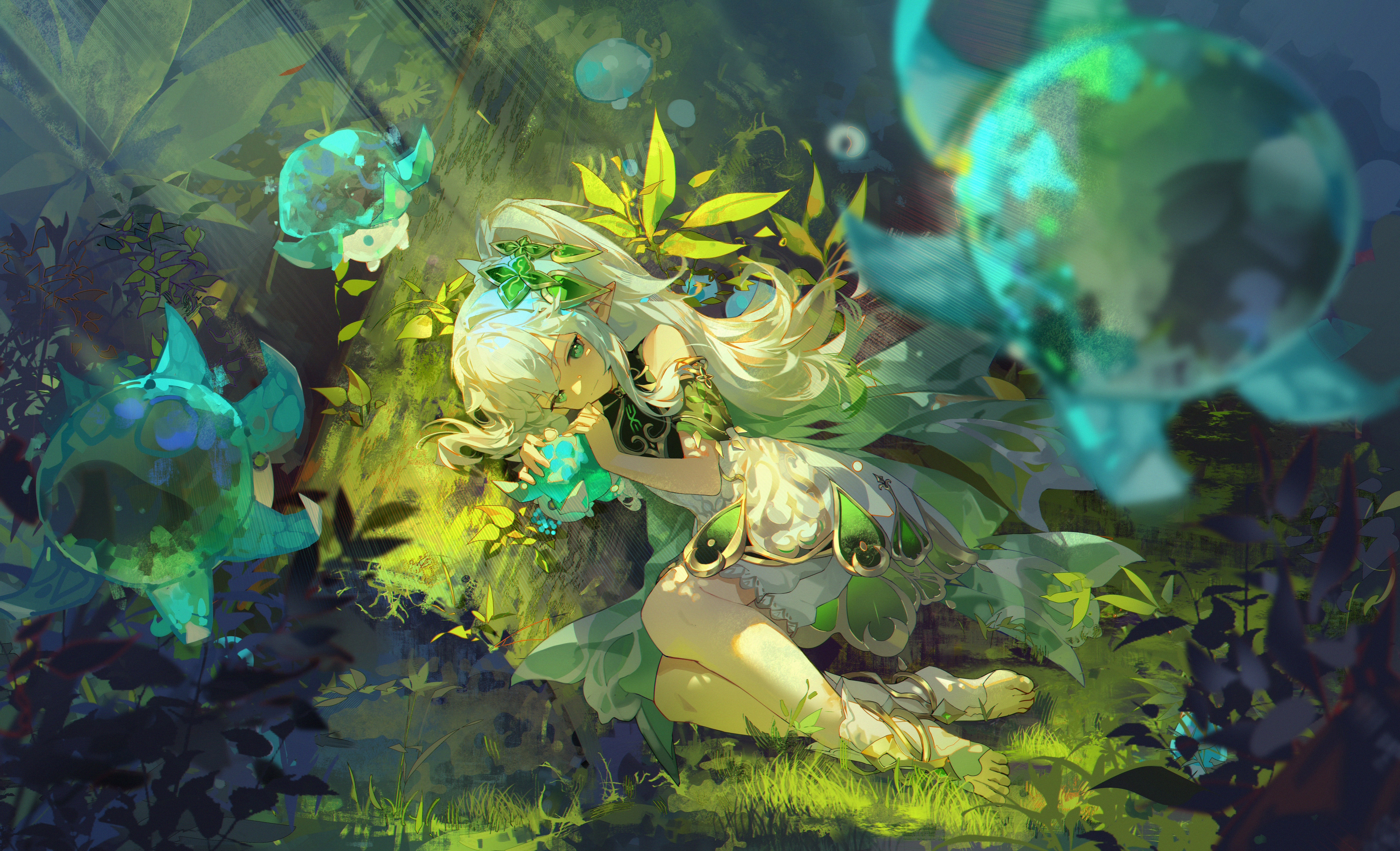 Nahida in a forest with spirit creatures HD Wallpaper