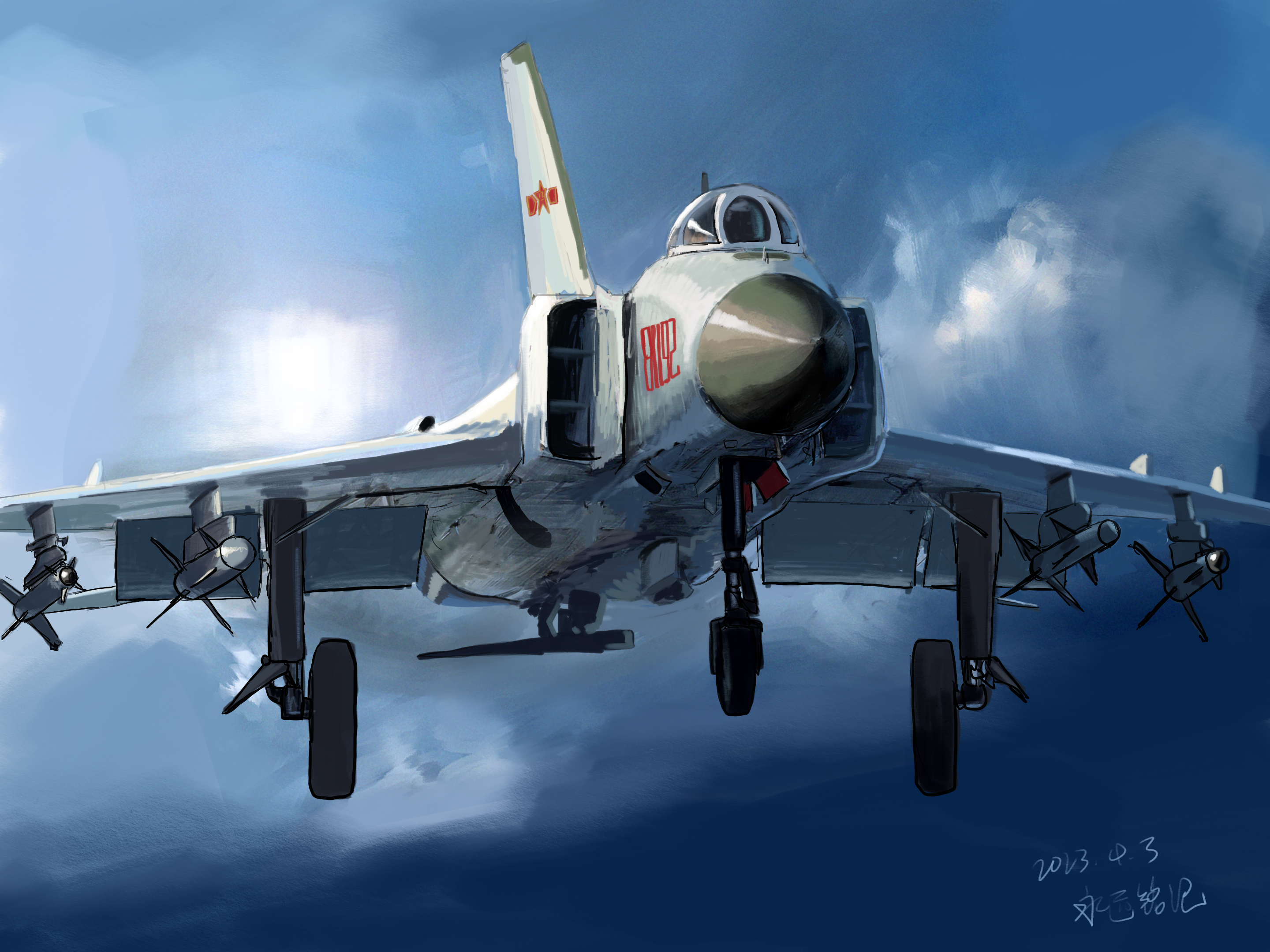 J-8II Jet Fighter with Red Star in Cloudy Sky HD Wallpaper