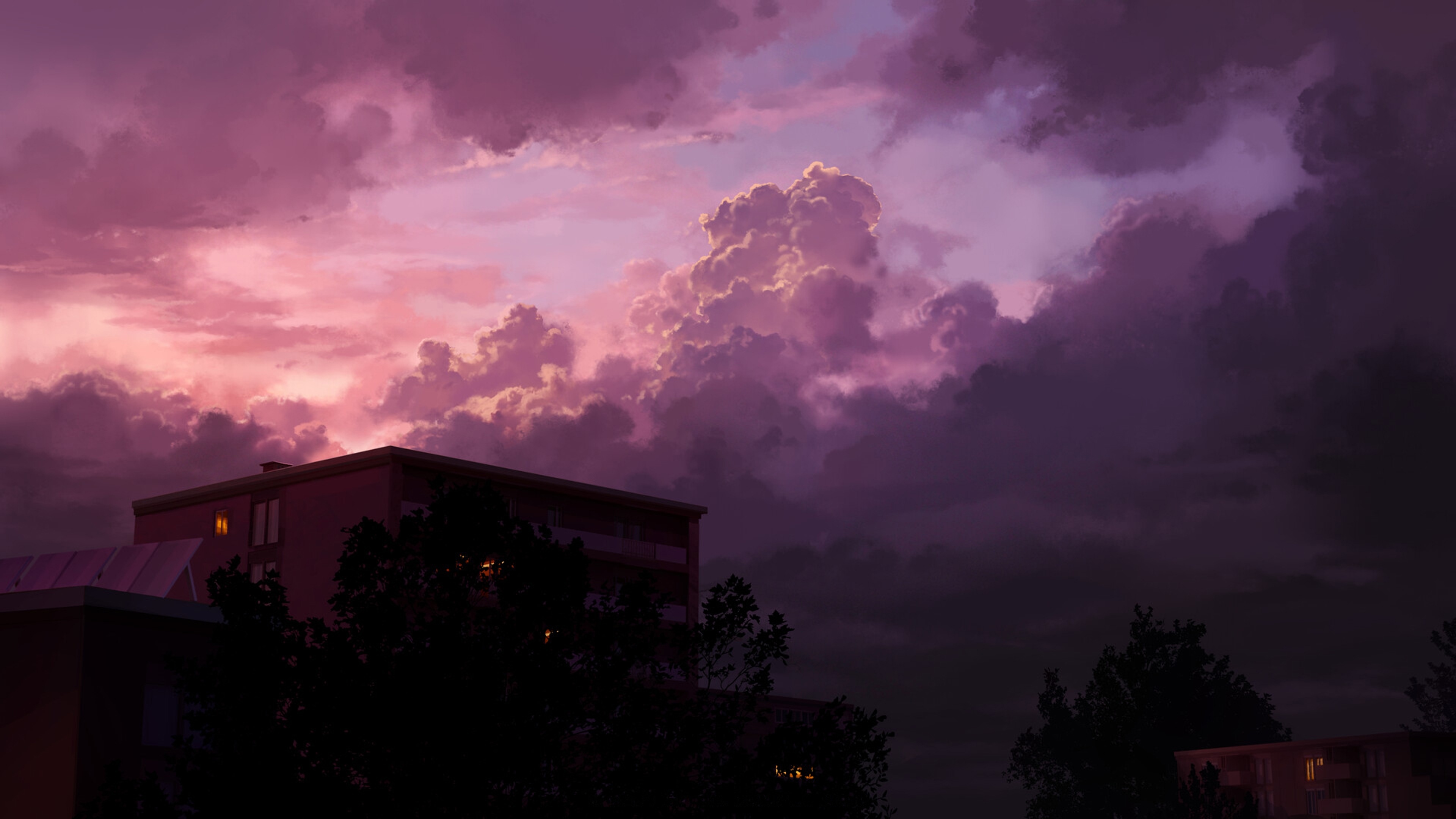 4K evening sky with pink and purple clouds over buildings HD Wallpaper