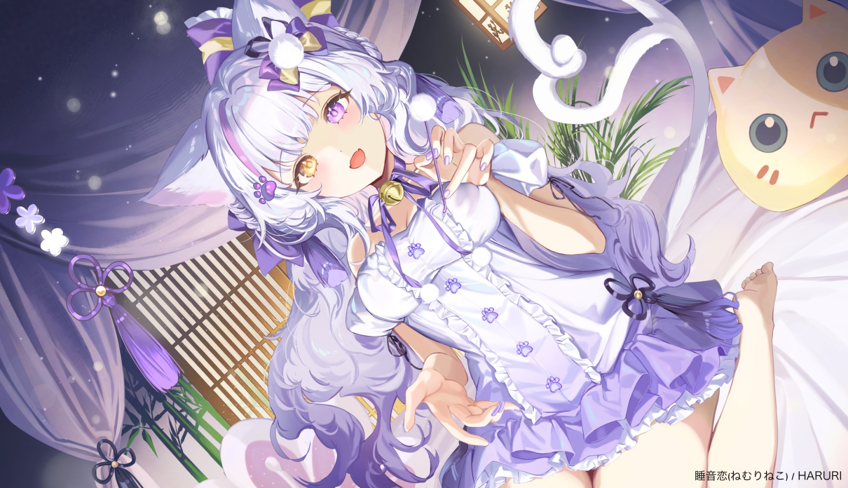 Cat girl in a white and purple outfit with cat ears HD Wallpaper