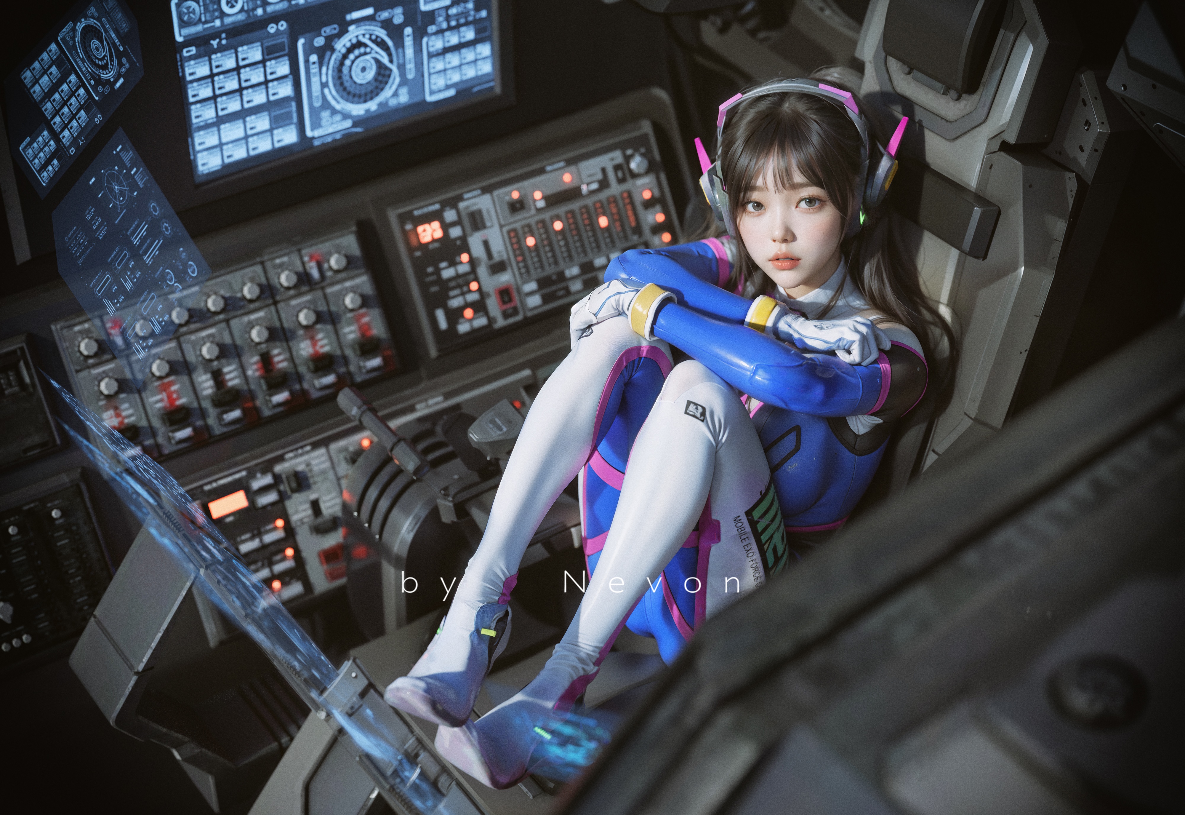 D.Va cosplay in a futuristic cockpit HD Wallpaper