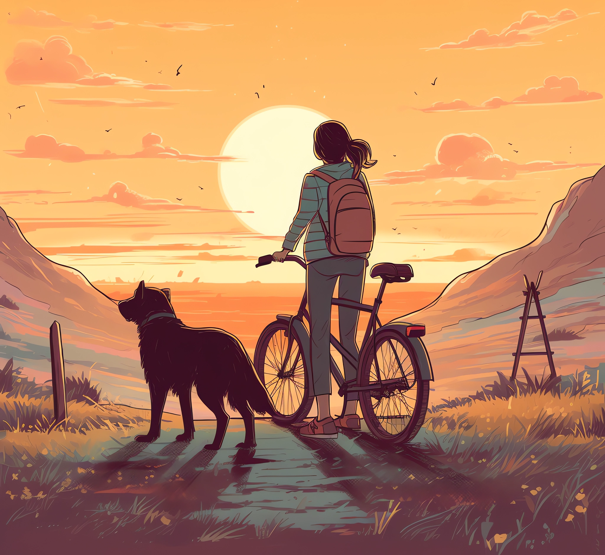 Girl and dog with bicycle at sunset HD Wallpaper