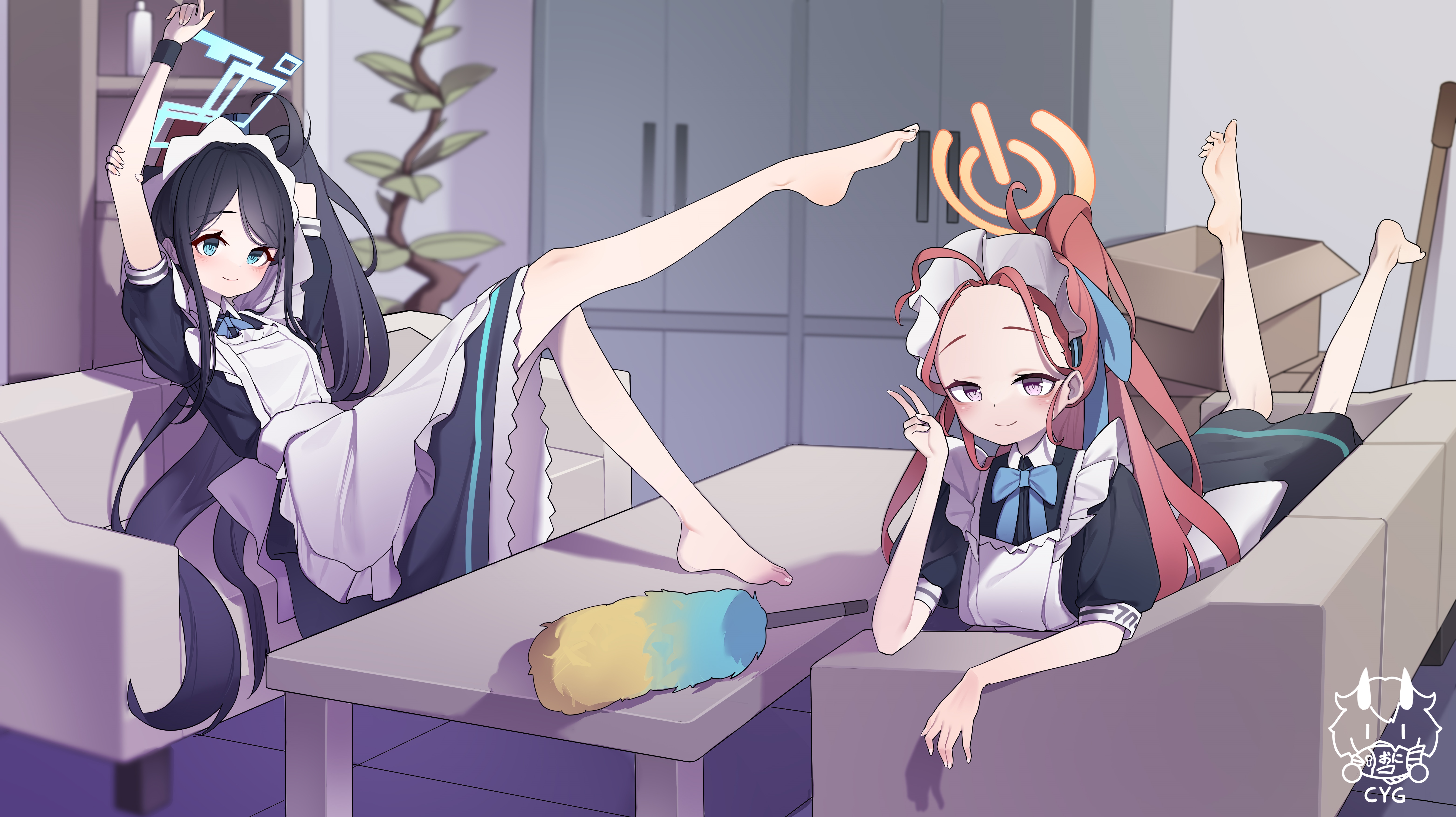 Maids Hanaoka Yuzu and Tendou Alice relaxing on a couch HD Wallpaper
