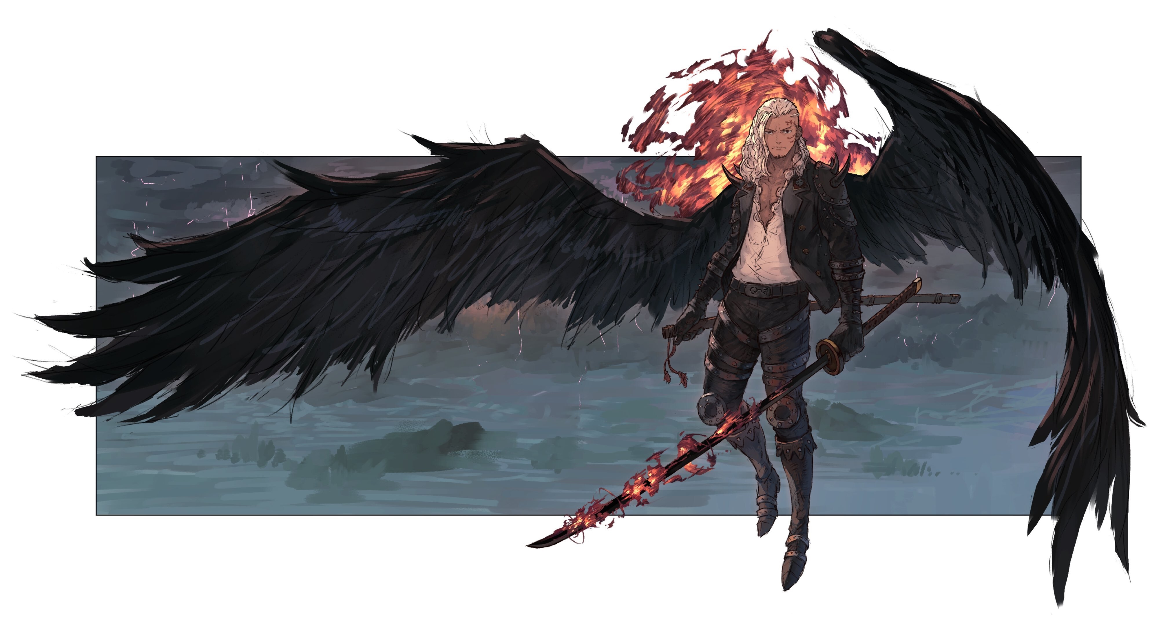 4K Angel with Black Wings and Fiery Sword HD Wallpaper