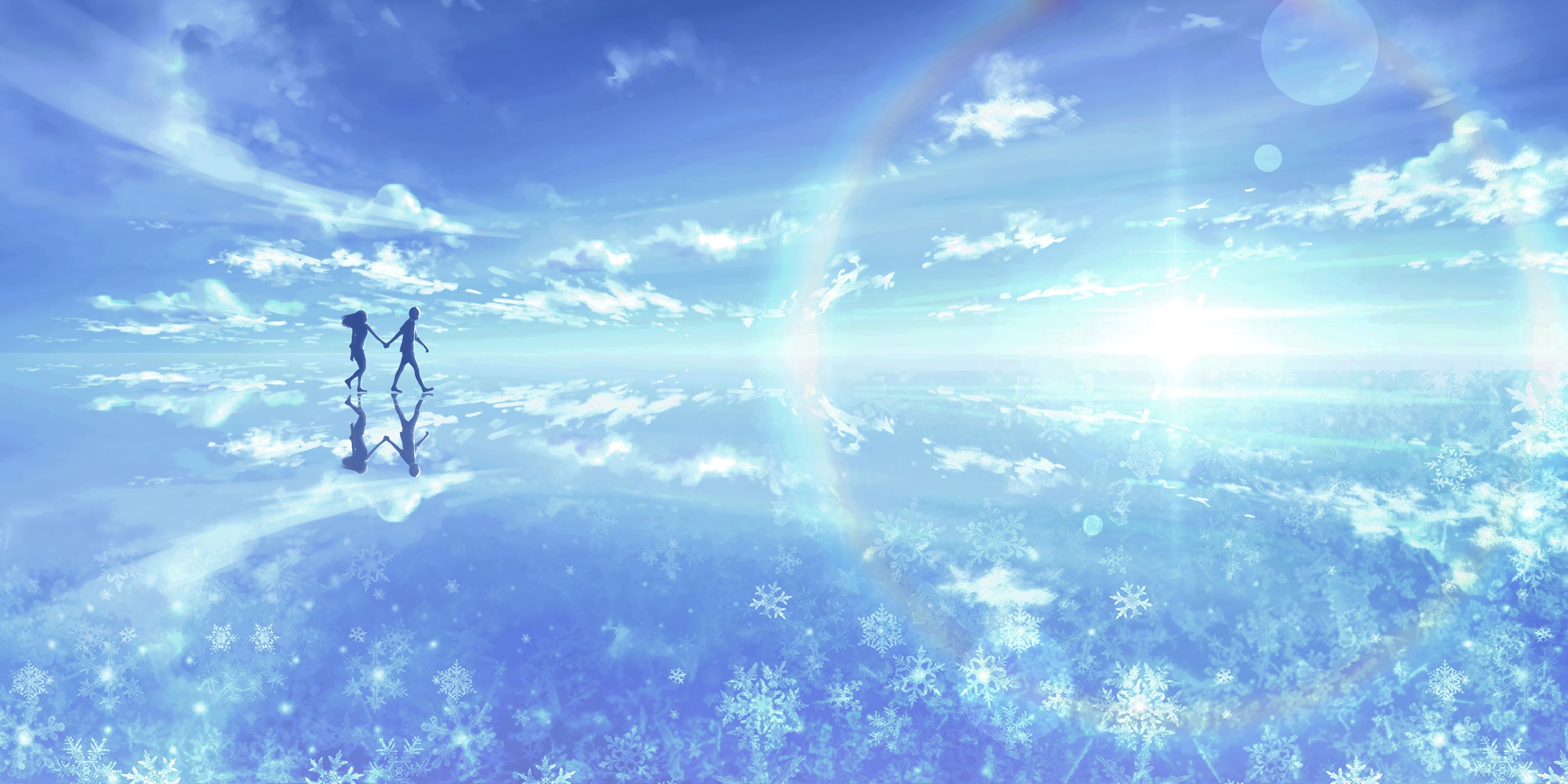 Couple holding hands walking on reflective surface with snowflakes HD Wallpaper